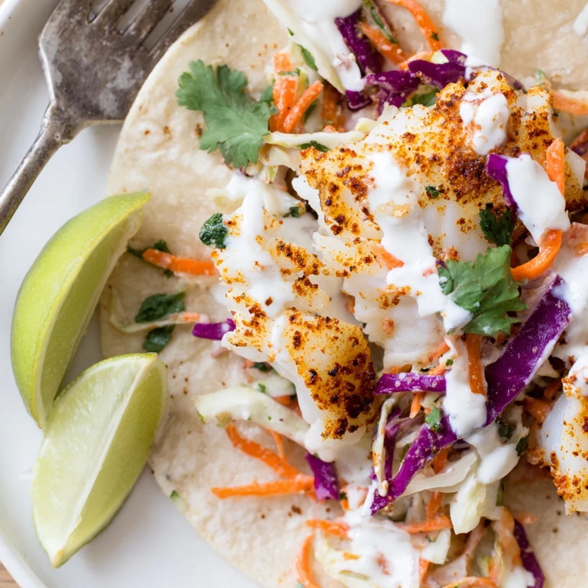 Golden baked cod fish tacos topped with crunchy cabbage slaw and creamy lime drizzle
