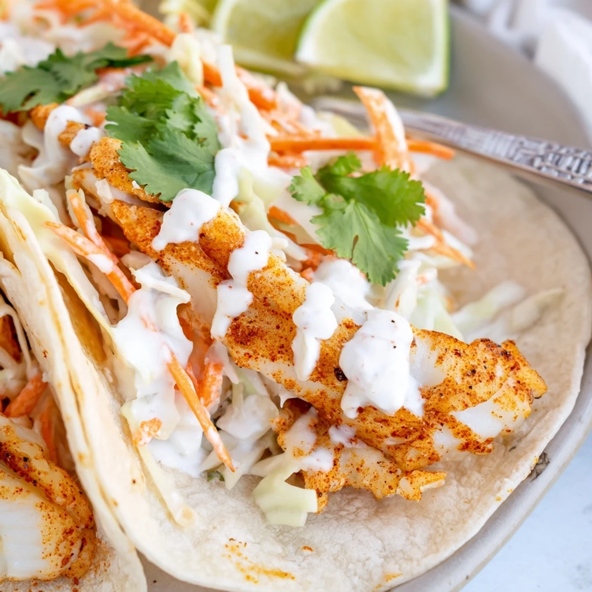Flaky baked cod fish tacos nestled in warm tortillas with fresh zesty lime crema