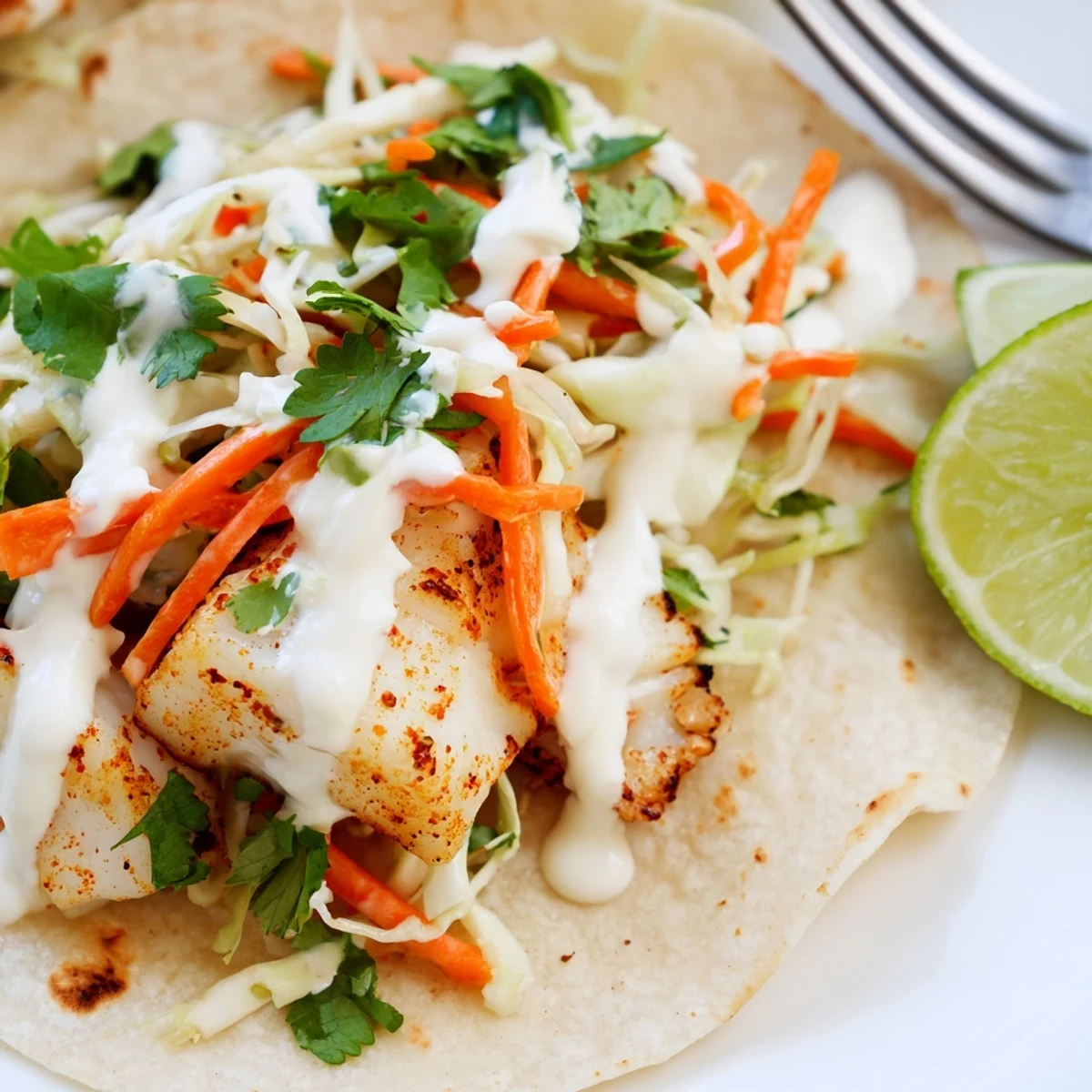 Homemade baked cod fish tacos piled high with colorful slaw and tangy white sauce