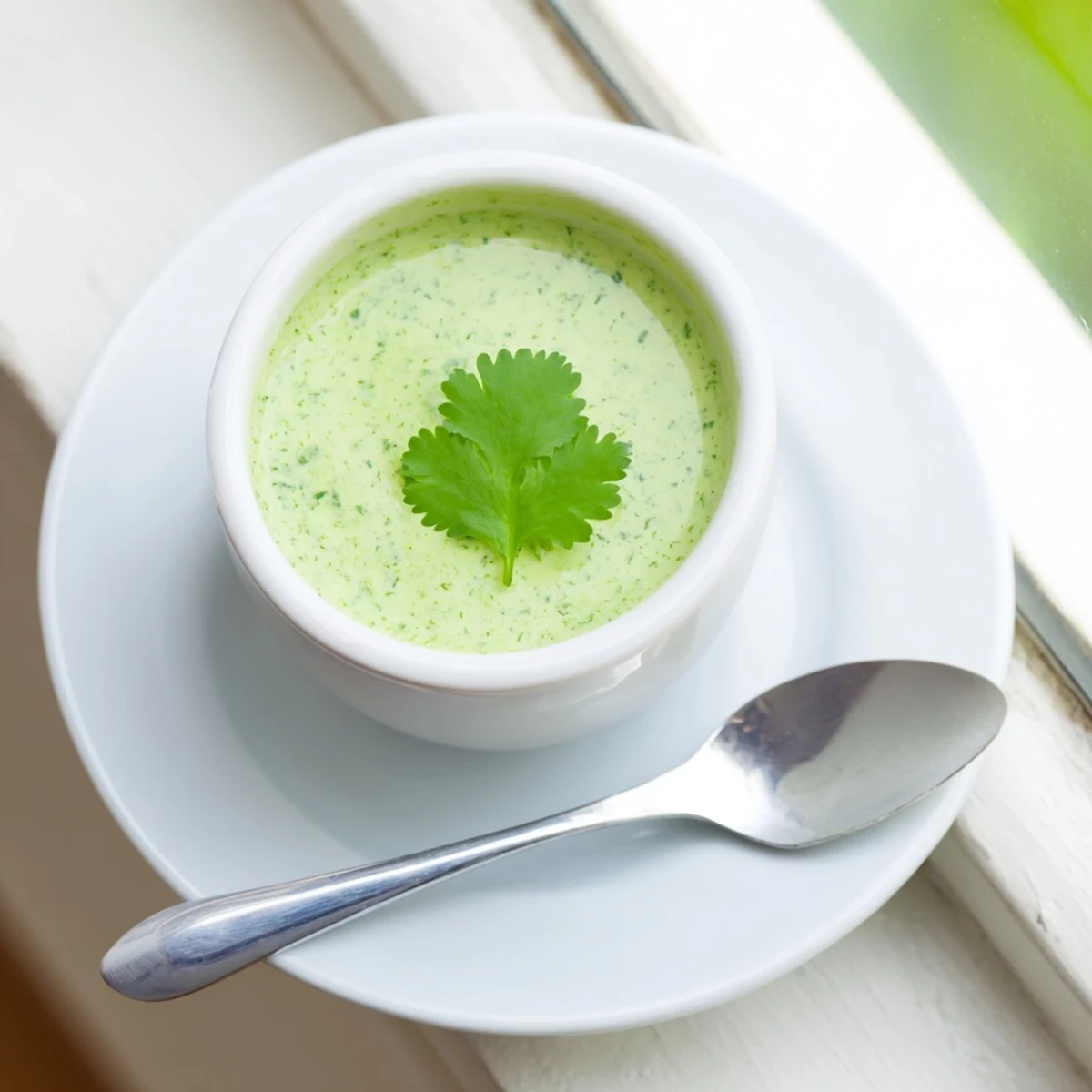 Creamy cilantro lime dipping sauce served in a small glass bowl alongside crispy tortilla chips