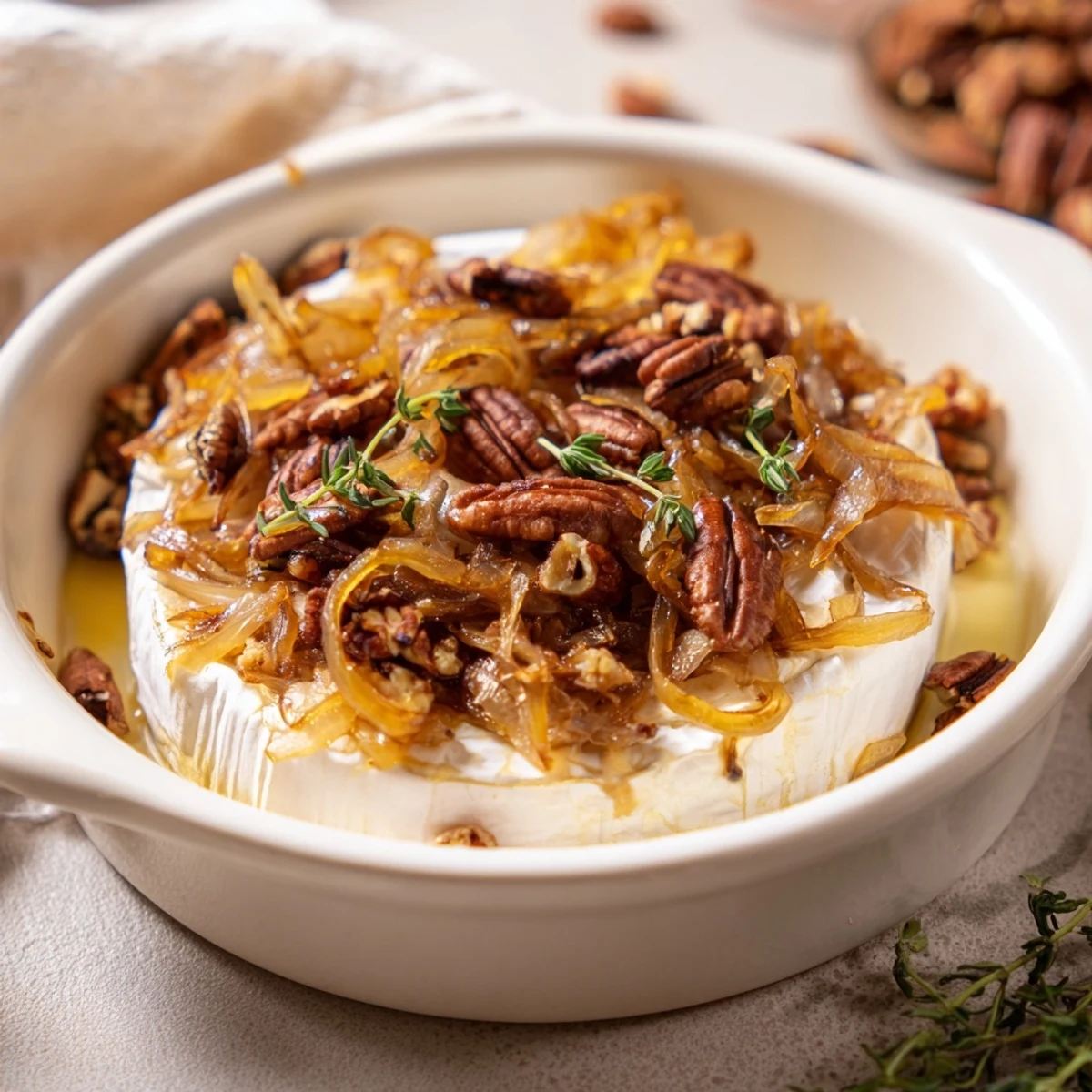 Golden wheel of baked brie topped with rich caramelized onions and toasted pecans