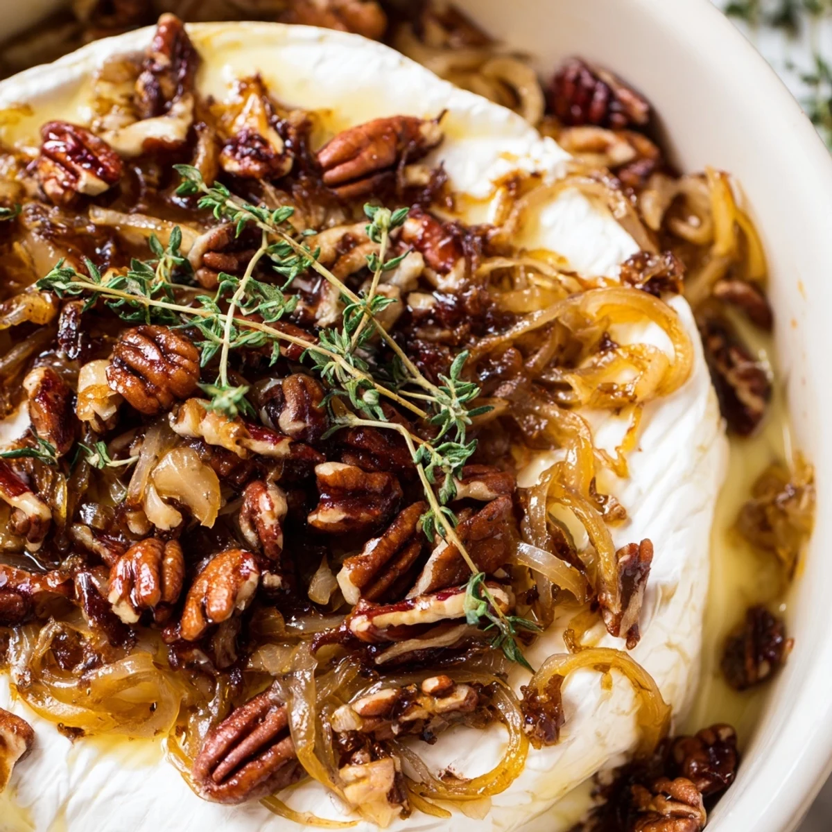 Creamy baked brie oozing onto a serving board with sweet onions and crunchy pecans