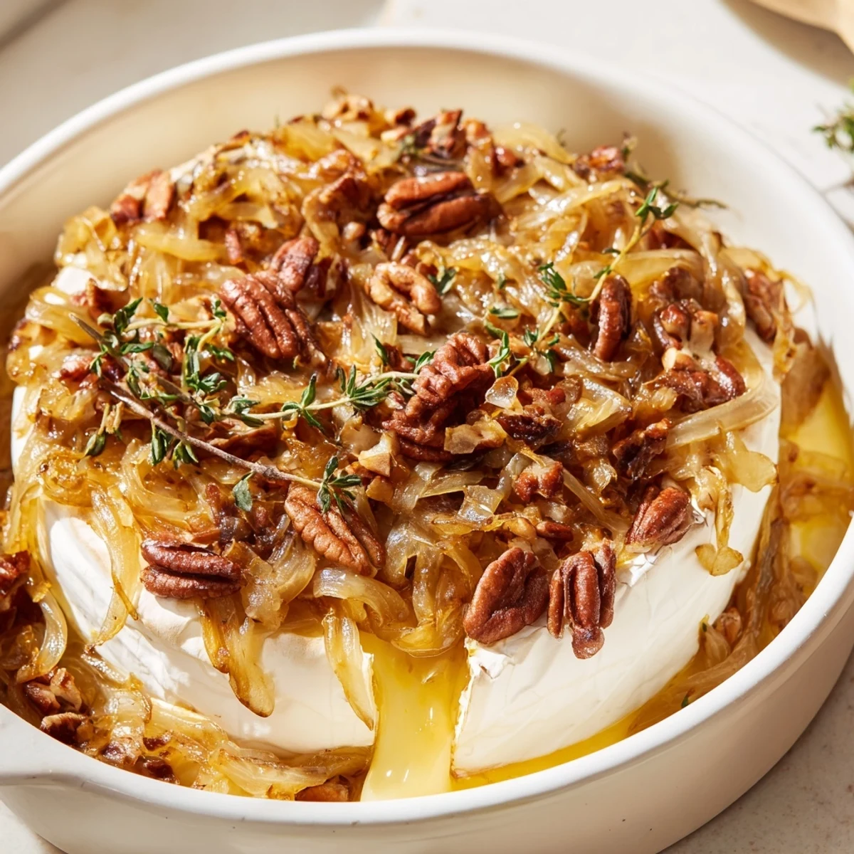 Warm baked brie appetizer melting under a layer of golden brown caramelized onions and pecans