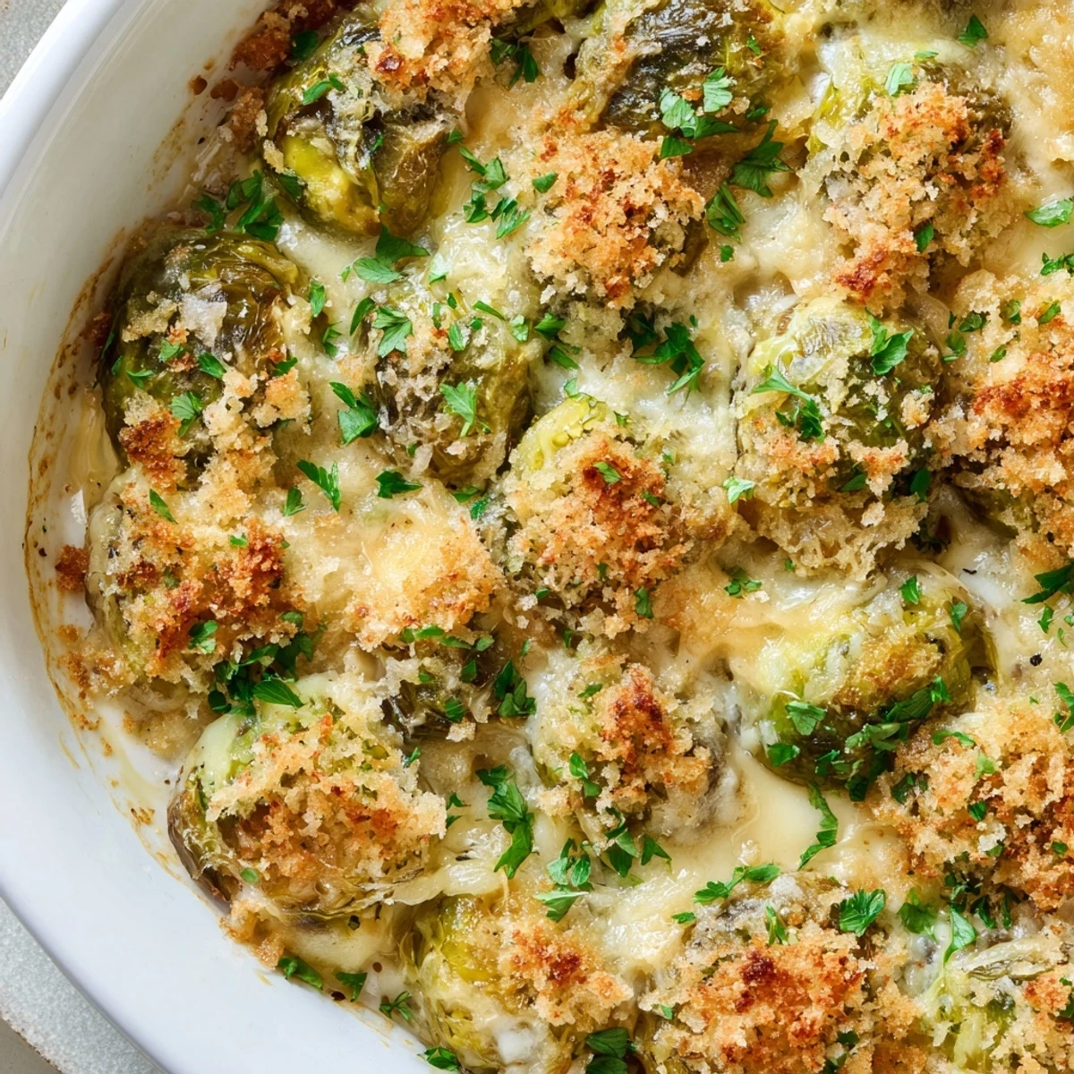 Creamy Parmesan Brussels sprouts casserole baked until bubbly with crispy panko crumbs and green vegetable layers