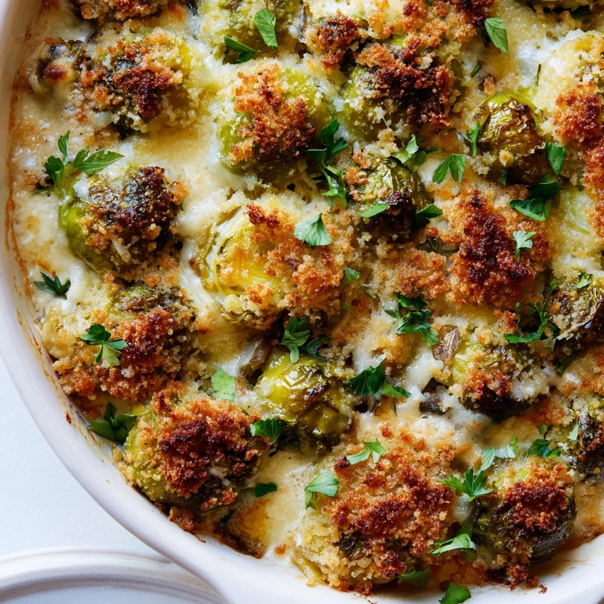 Golden brown Parmesan Brussels sprouts casserole with bubbly melted cheese topping and fresh parsley garnish