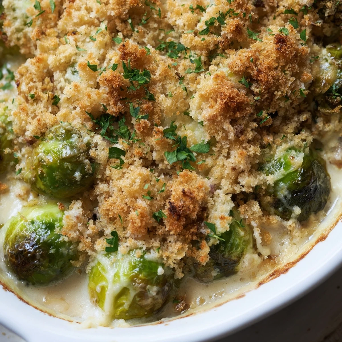 Holiday side dish featuring tender Brussels sprouts swimming in rich white cheese sauce with golden brown surface
