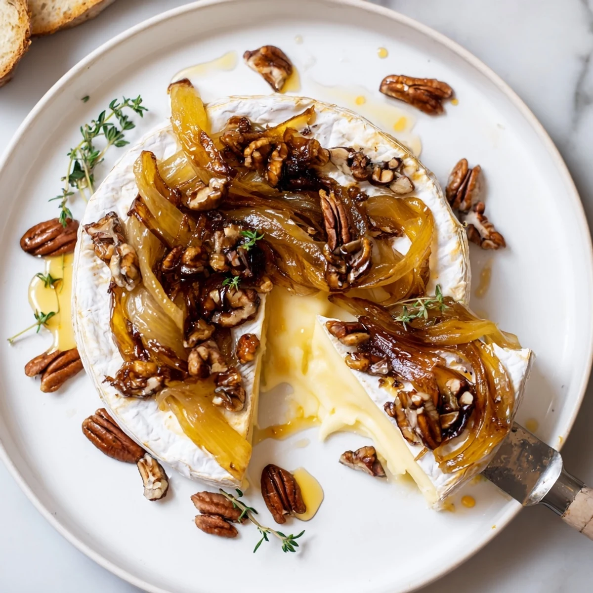 Warm Baked Brie With Caramelized Onions And Pecans served with sliced baguette