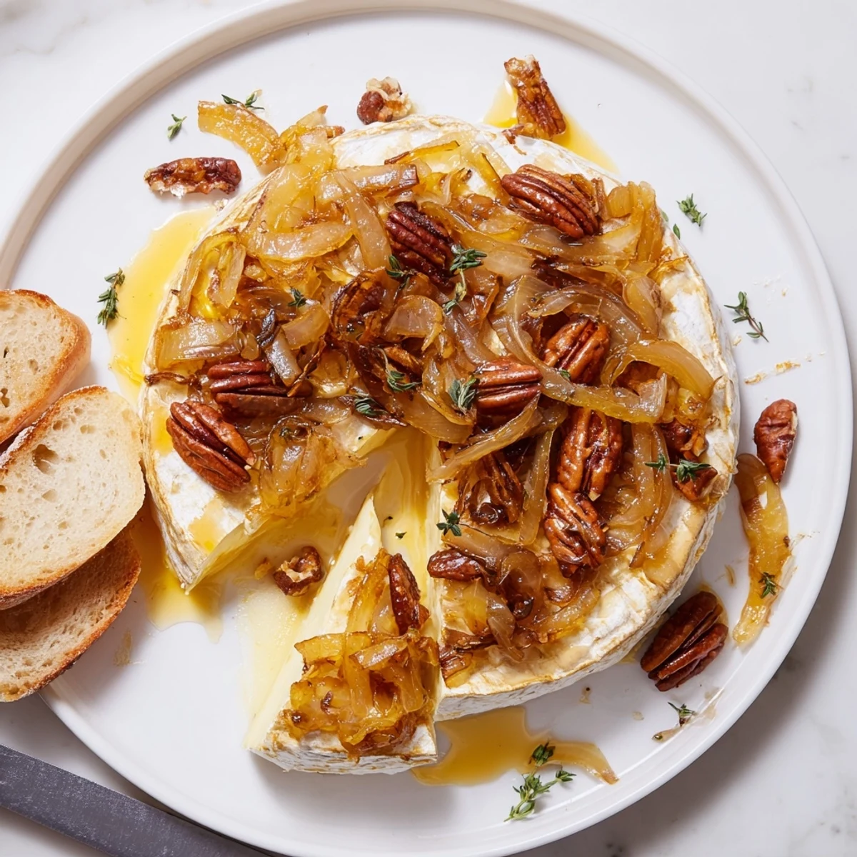 Baked Brie With Caramelized Onions And Pecans, warm and gooey, drizzled with honey
