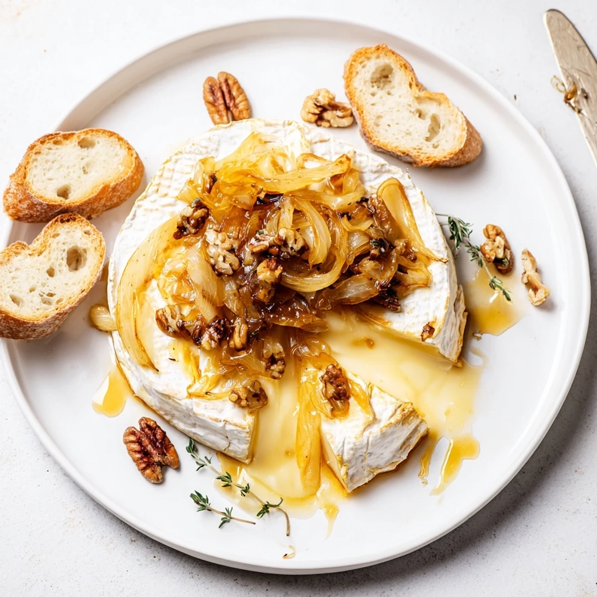 Oven-melted Baked Brie With Caramelized Onions And Pecans topped with crunchy toasted pecan halves