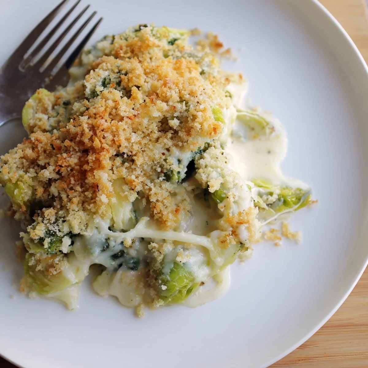 Tender halved sprouts bathed in silky sauce in Creamy Parmesan Brussels Sprouts Casserole
