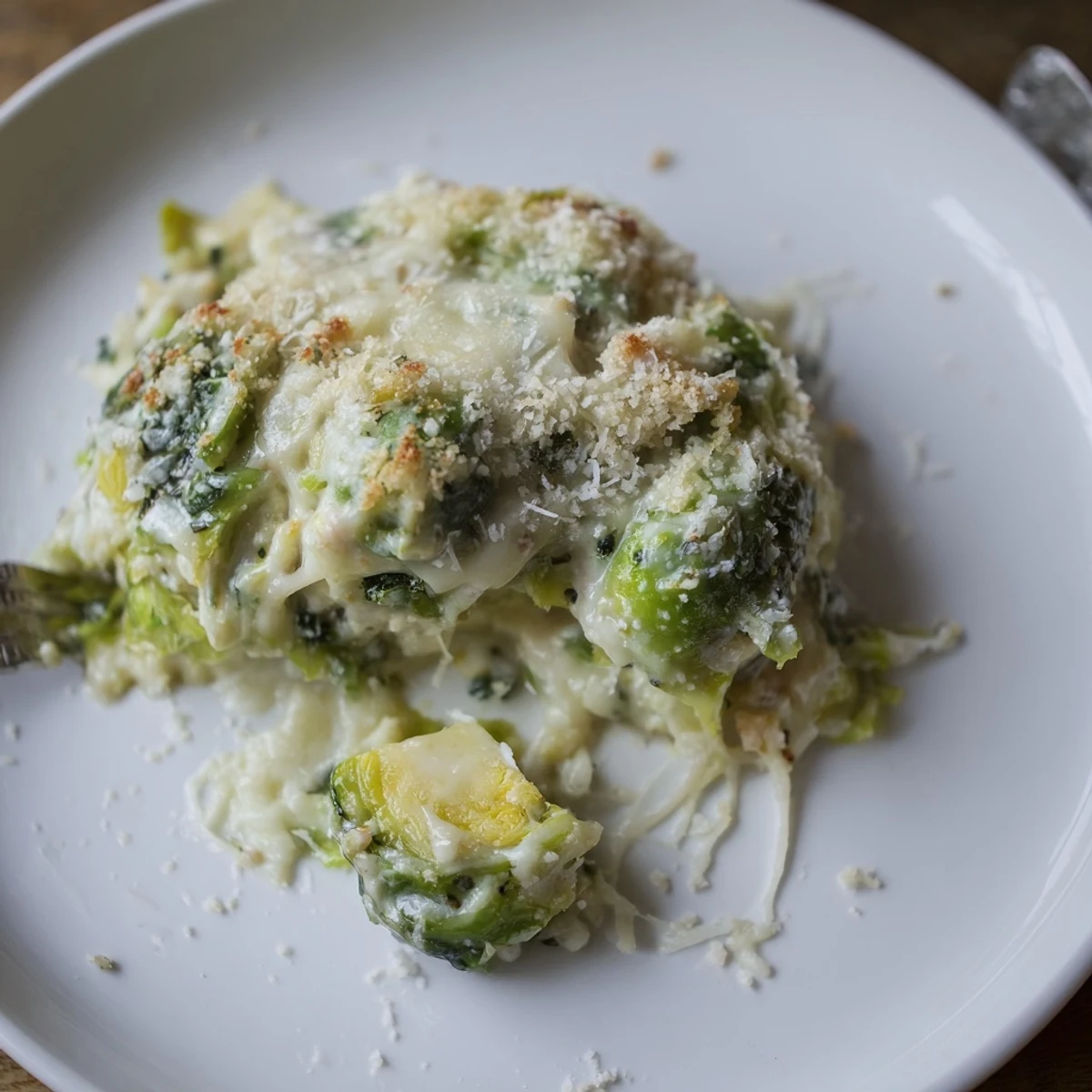 Serve Creamy Parmesan Brussels Sprouts Casserole hot with roasted turkey for holiday meals