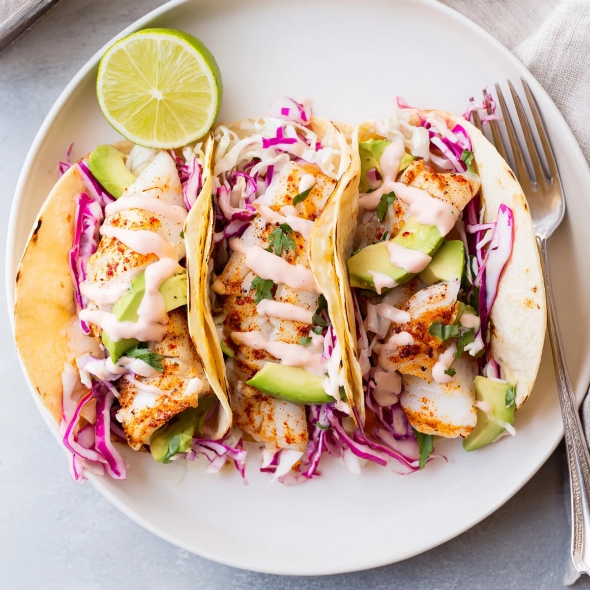 On warm tortillas, Baked Cod Fish Tacos with Creamy Cilantro Lime Sauce