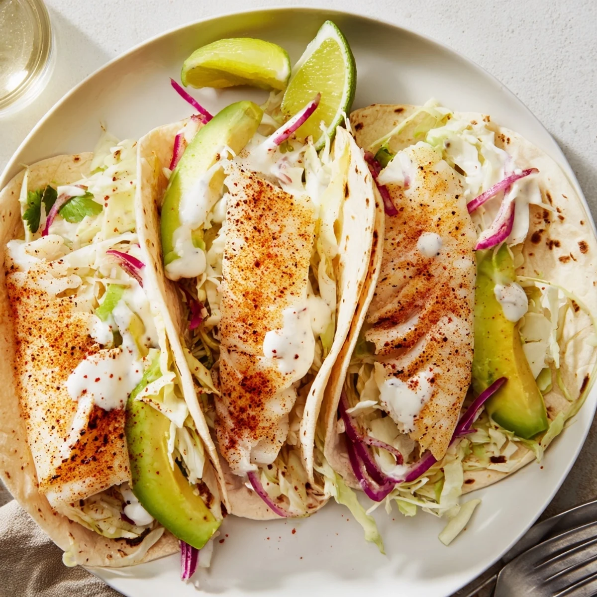 Weeknight Baked Cod Fish Tacos with Creamy Cilantro Lime Sauce, avocado slices, lime wedges
