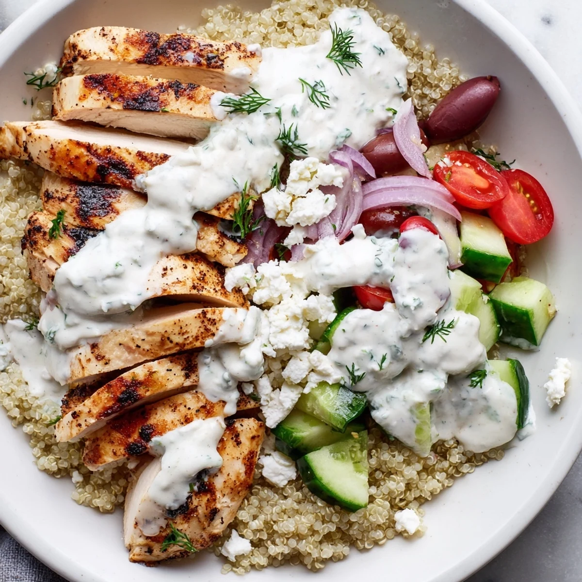 Juicy Greek Chicken Grain Bowl loaded with crisp veggies and cool tzatziki sauce