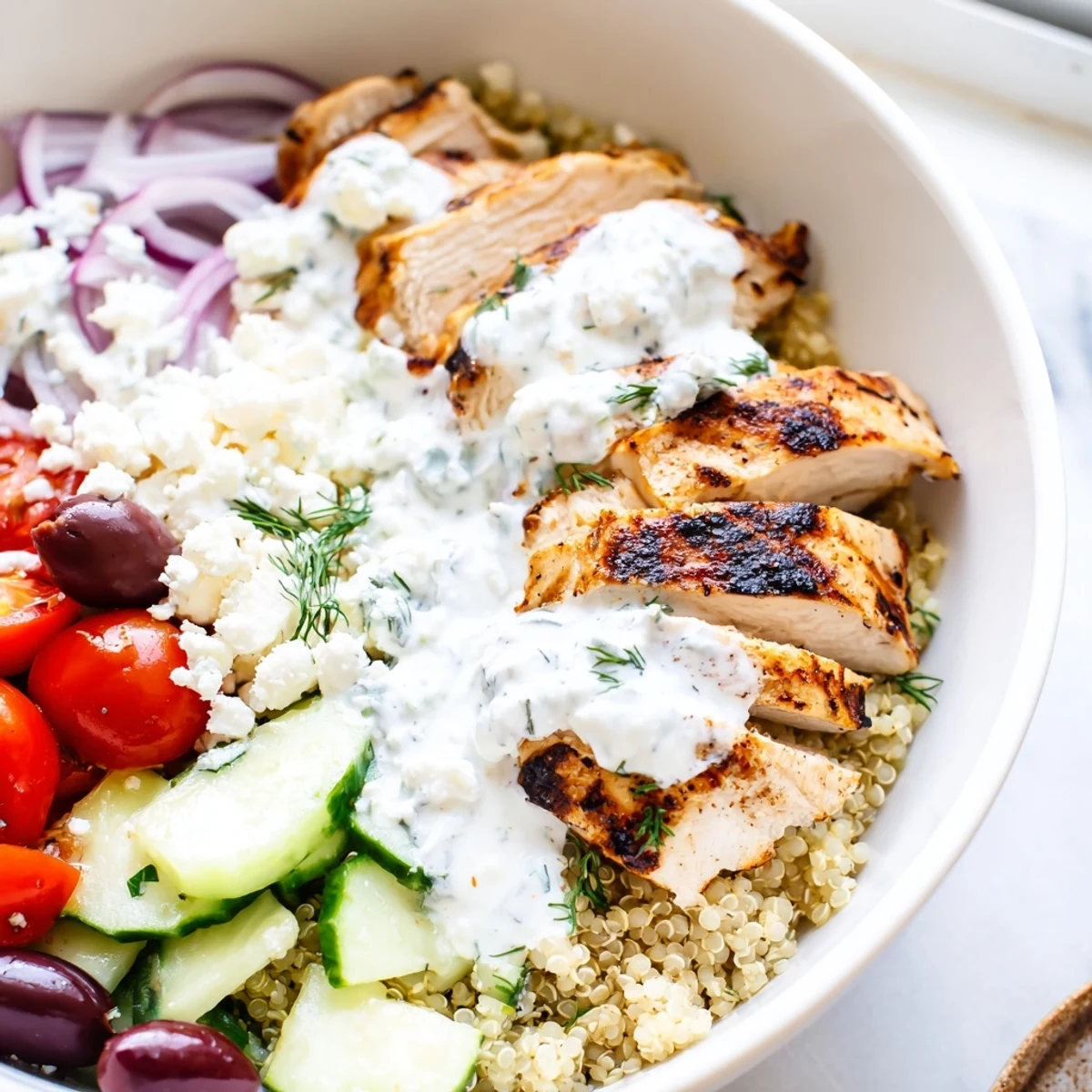 Golden sliced chicken rests atop a vibrant Greek Chicken Grain Bowl with feta