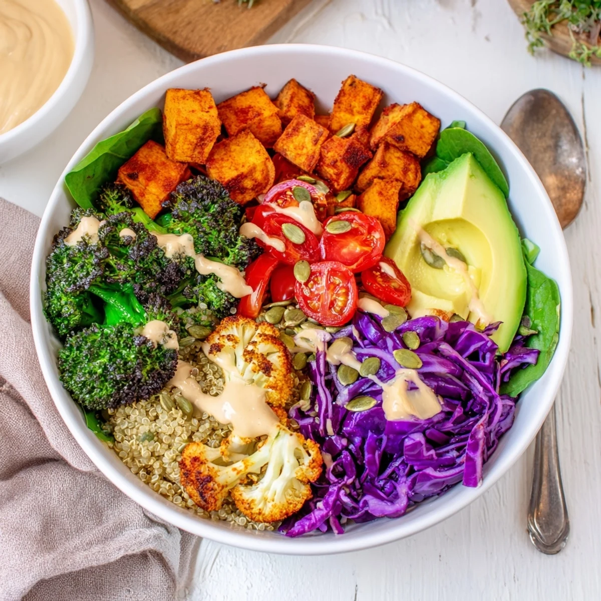 Creamy tahini drizzled over a colorful vegan buddha bowl with roasted sweet potatoes