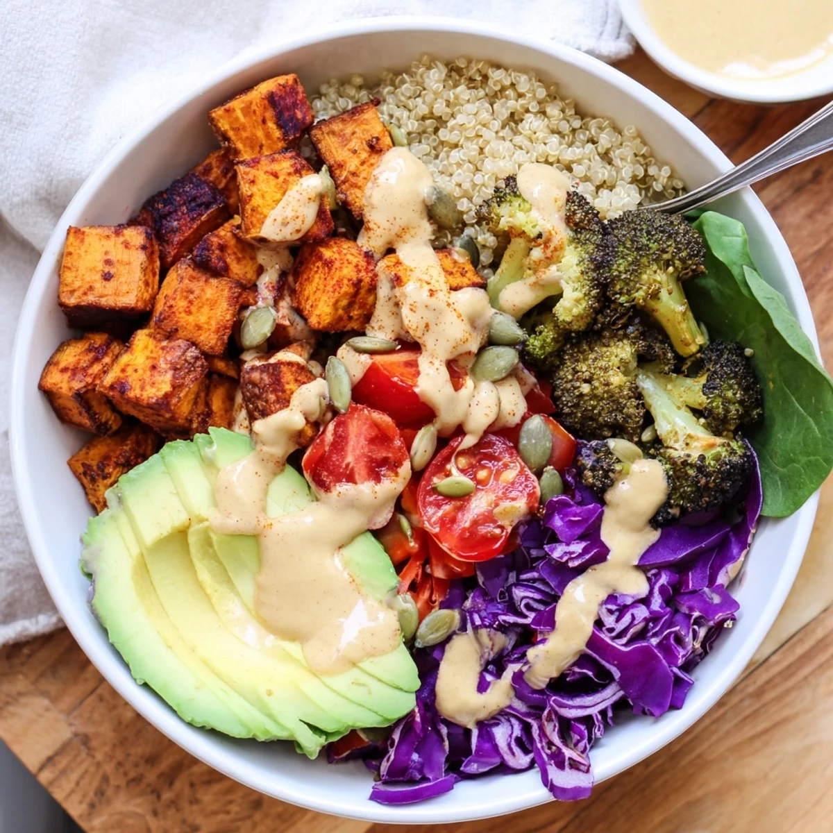 Golden roasted vegetables and avocado layered in a fresh vegan buddha bowl