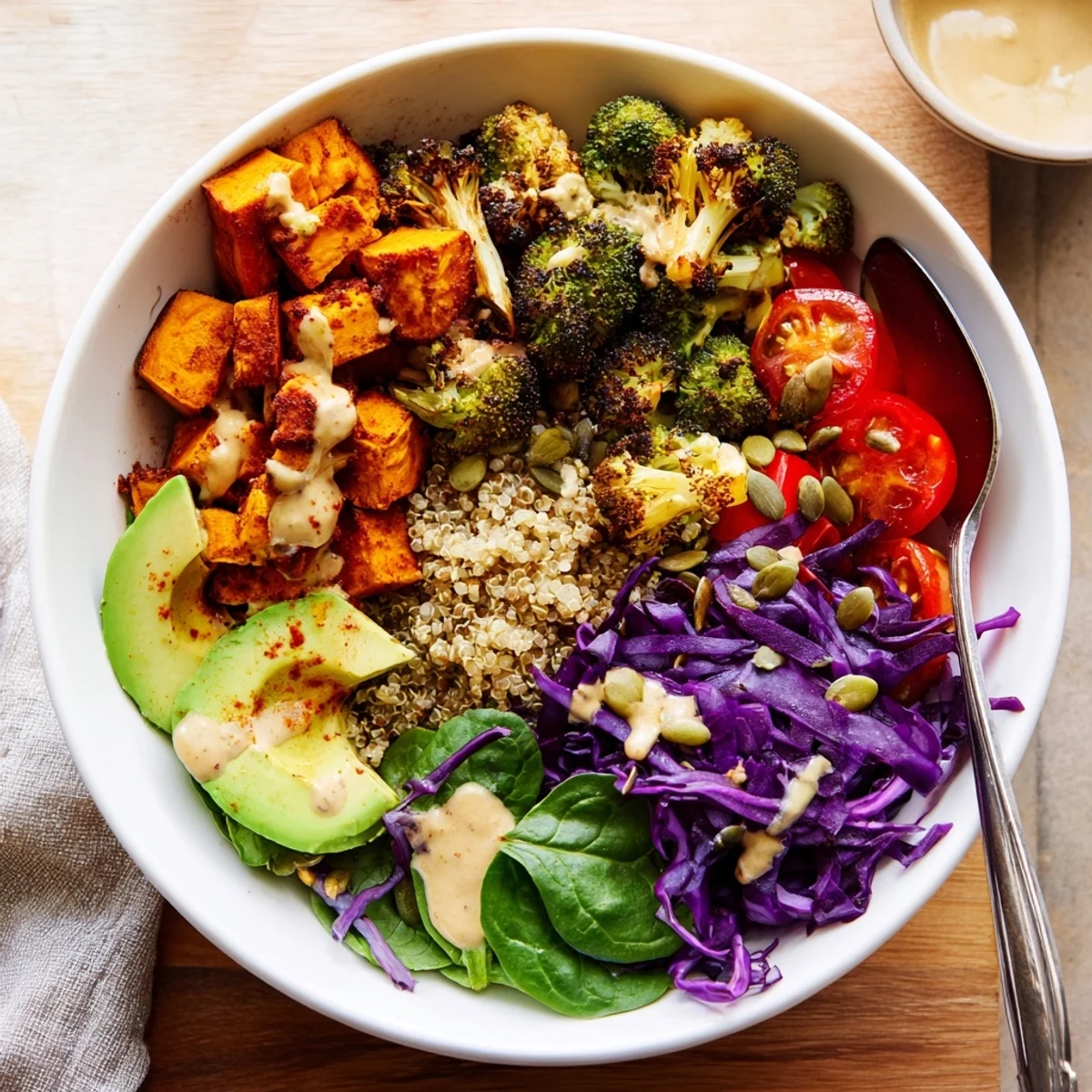 Vibrant quinoa vegan buddha bowl topped with crunchy pumpkin seeds and cabbage