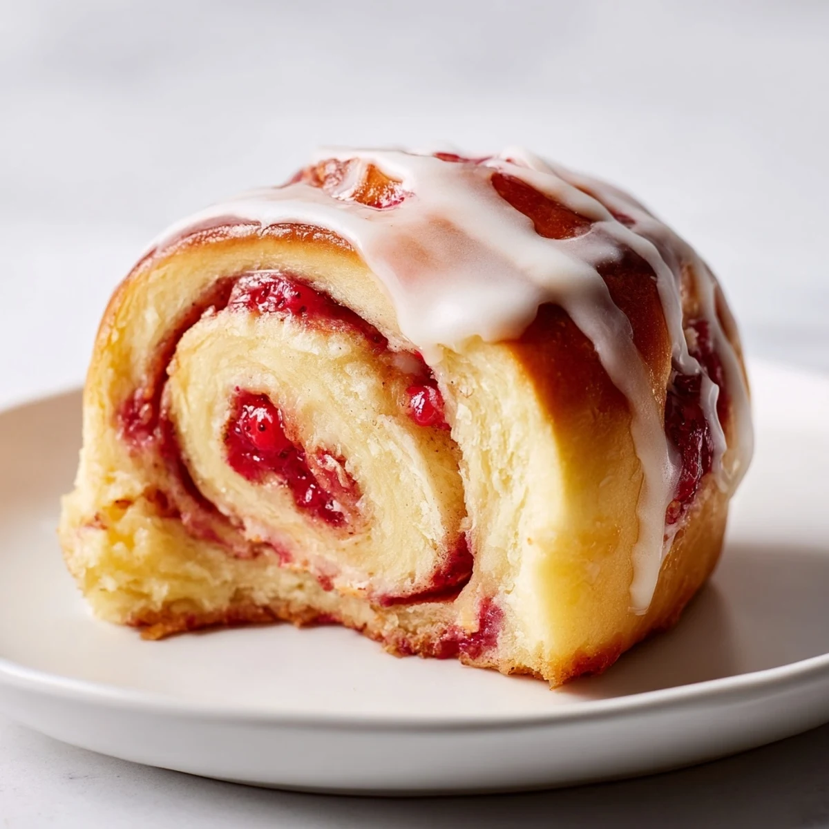 Golden strawberry cheesecake rolls drizzled with sweet vanilla glaze on a rustic plate