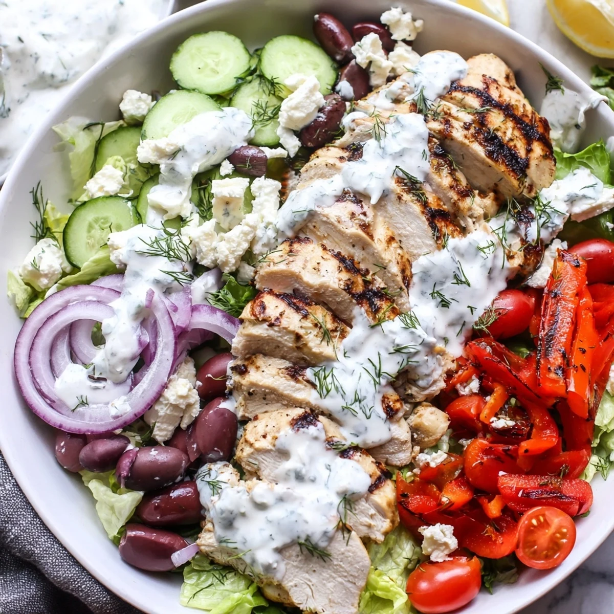 Greek Chicken Salad with creamy whipped feta dressing drizzled over crisp romaine and grilled chicken