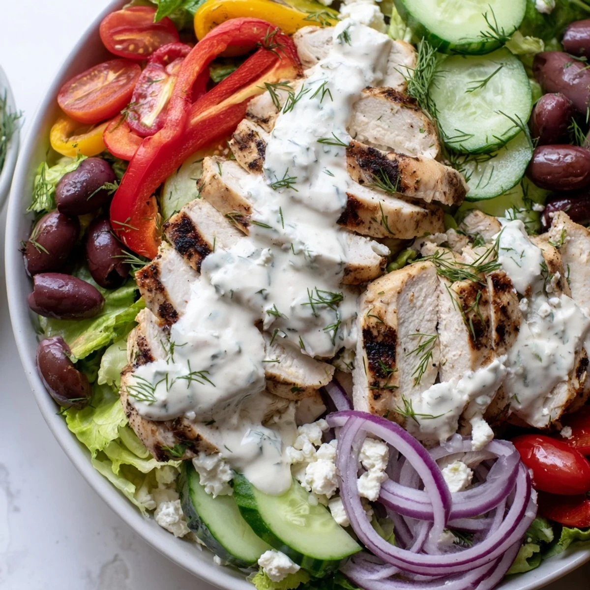 Juicy grilled chicken slices atop a vibrant Greek Chicken Salad with tangy whipped feta
