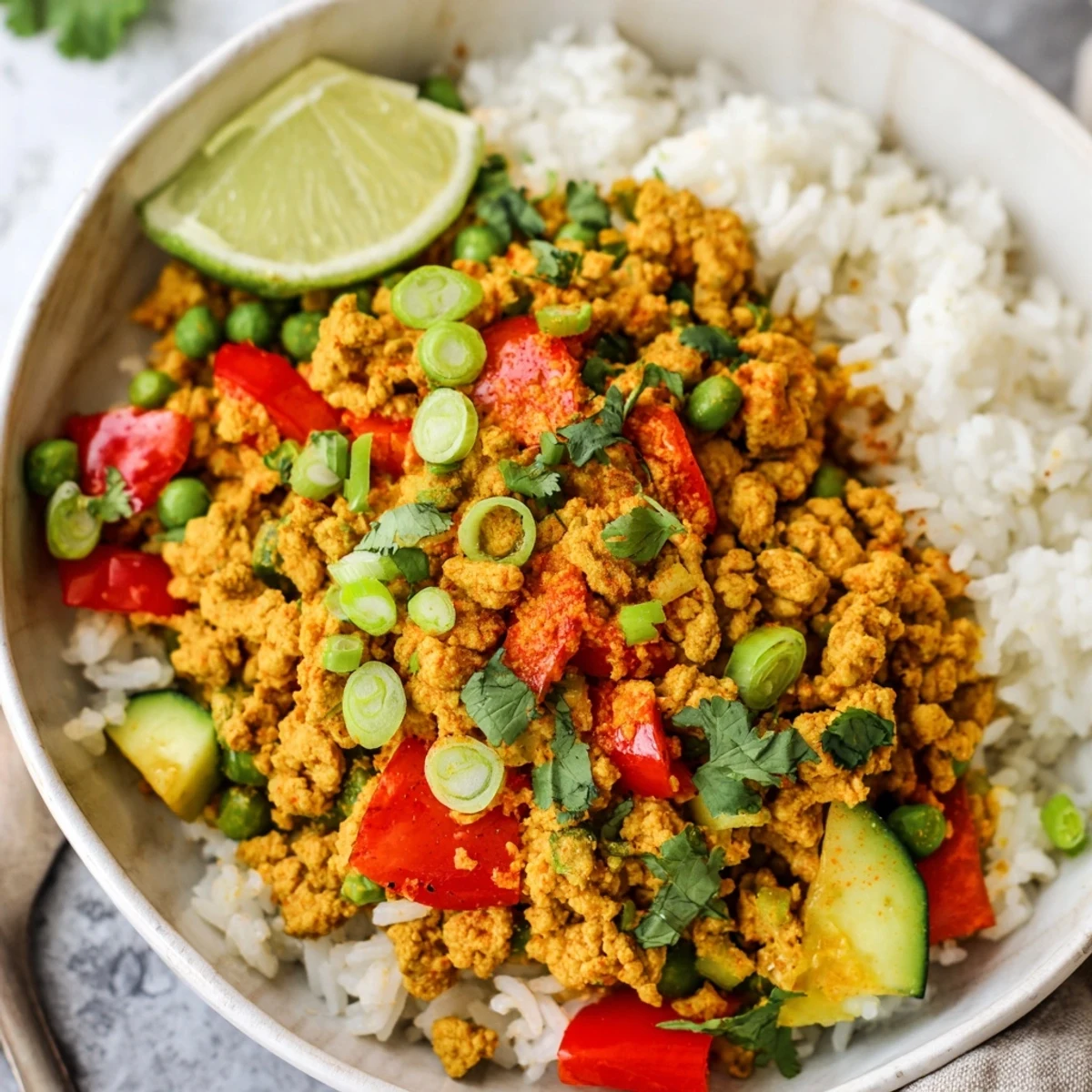 Hearty spiced turkey rice bowls topped with fresh cilantro and lime wedges