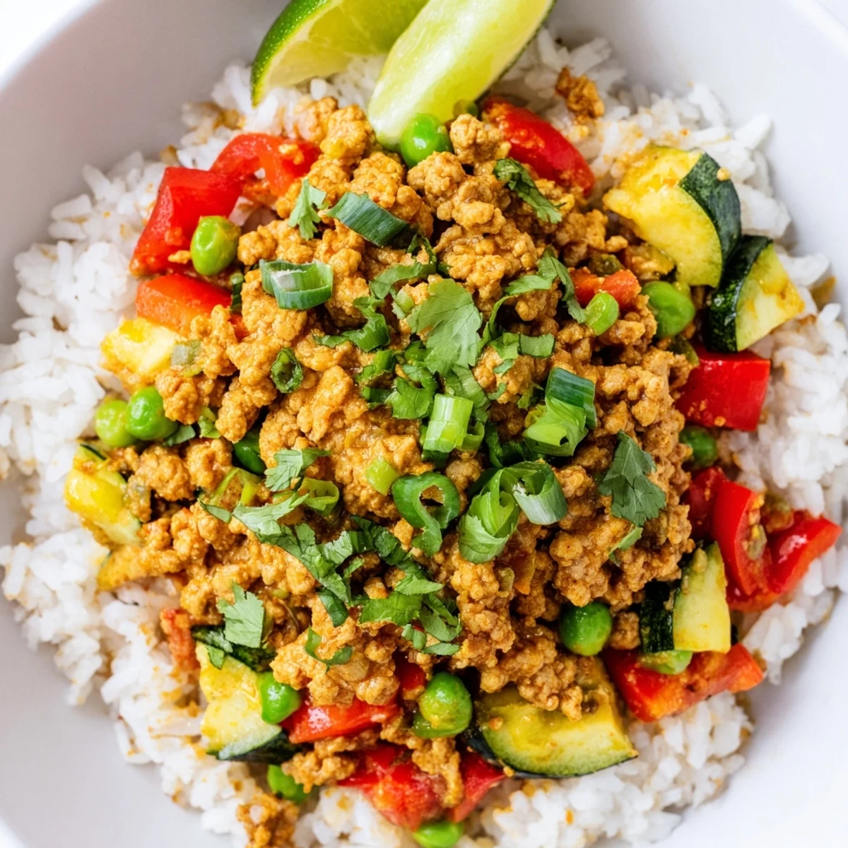Golden spiced turkey rice bowls garnished with spring onions in a white ceramic dish