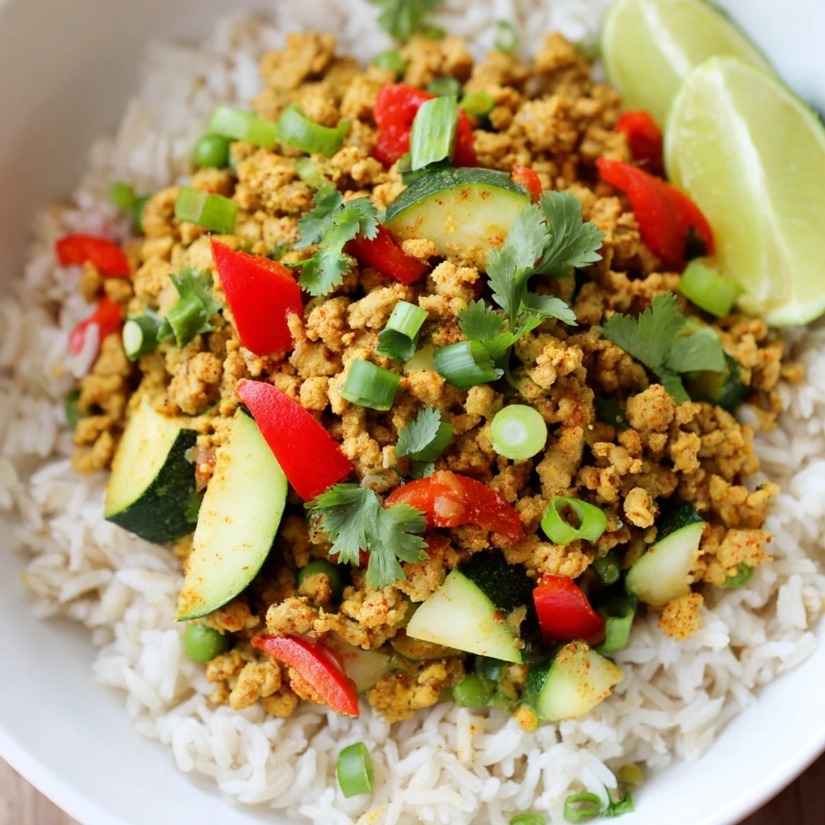 Warm cumin-seasoned ground turkey nestled over fluffy rice with colorful sautéed vegetables