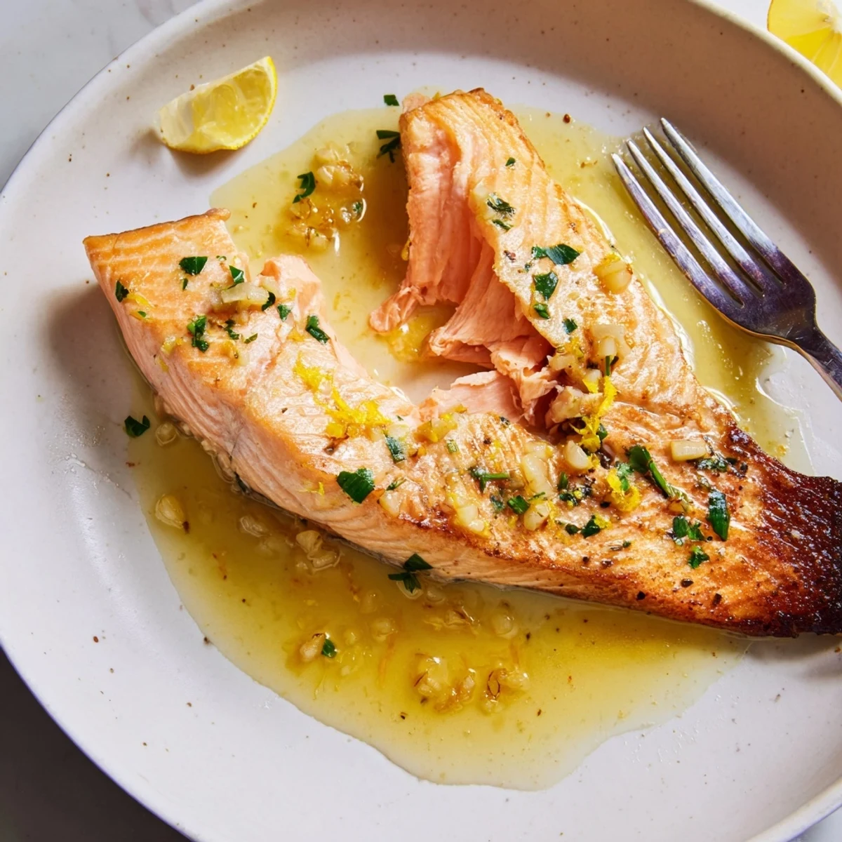 Golden garlic butter salmon fillets glistening in a zesty lemon herb pan sauce