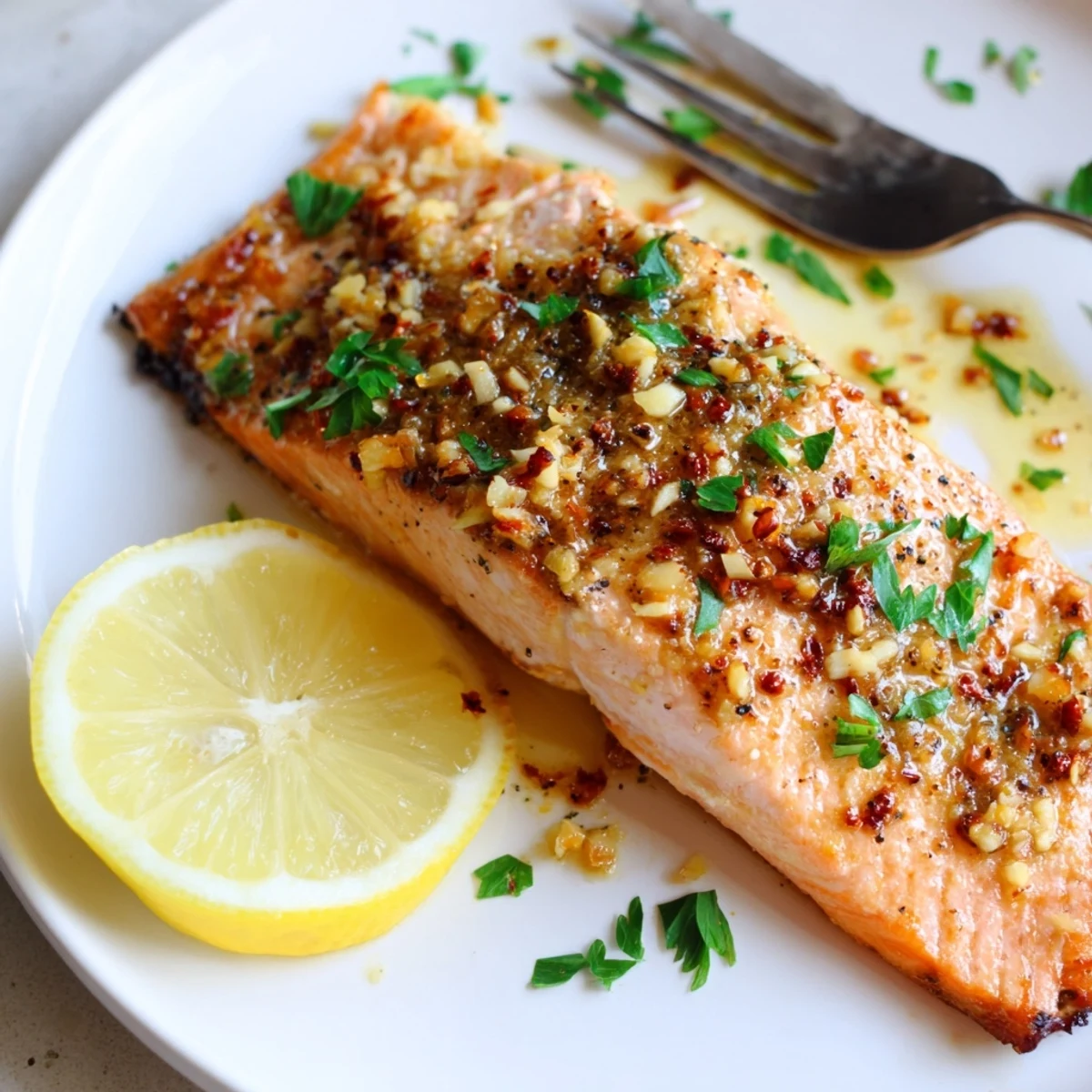 Golden garlic butter salmon fillets glistening with lemon herb sauce on a white plate