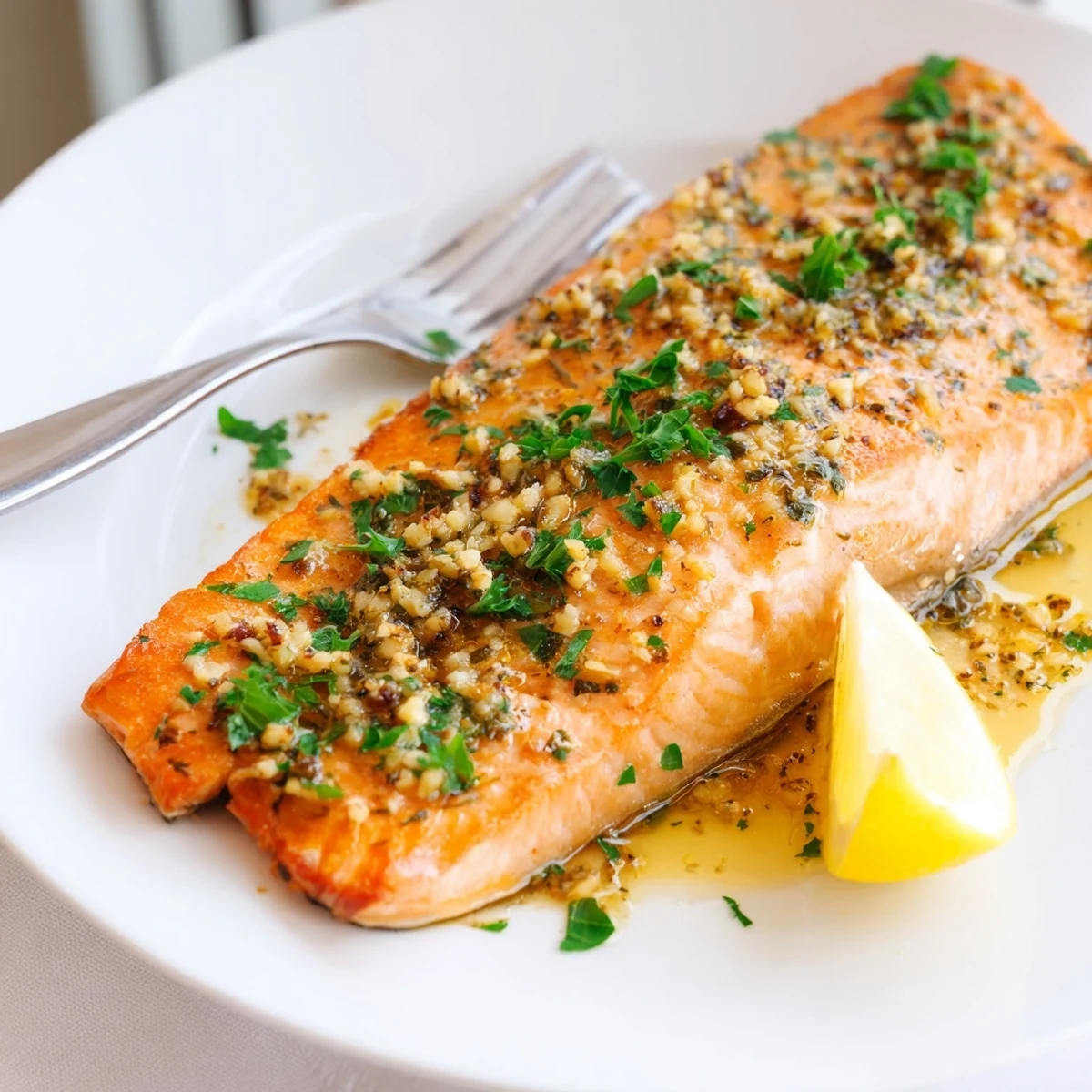 Crispy pan-seared garlic butter salmon topped with fresh parsley and lemon wedges