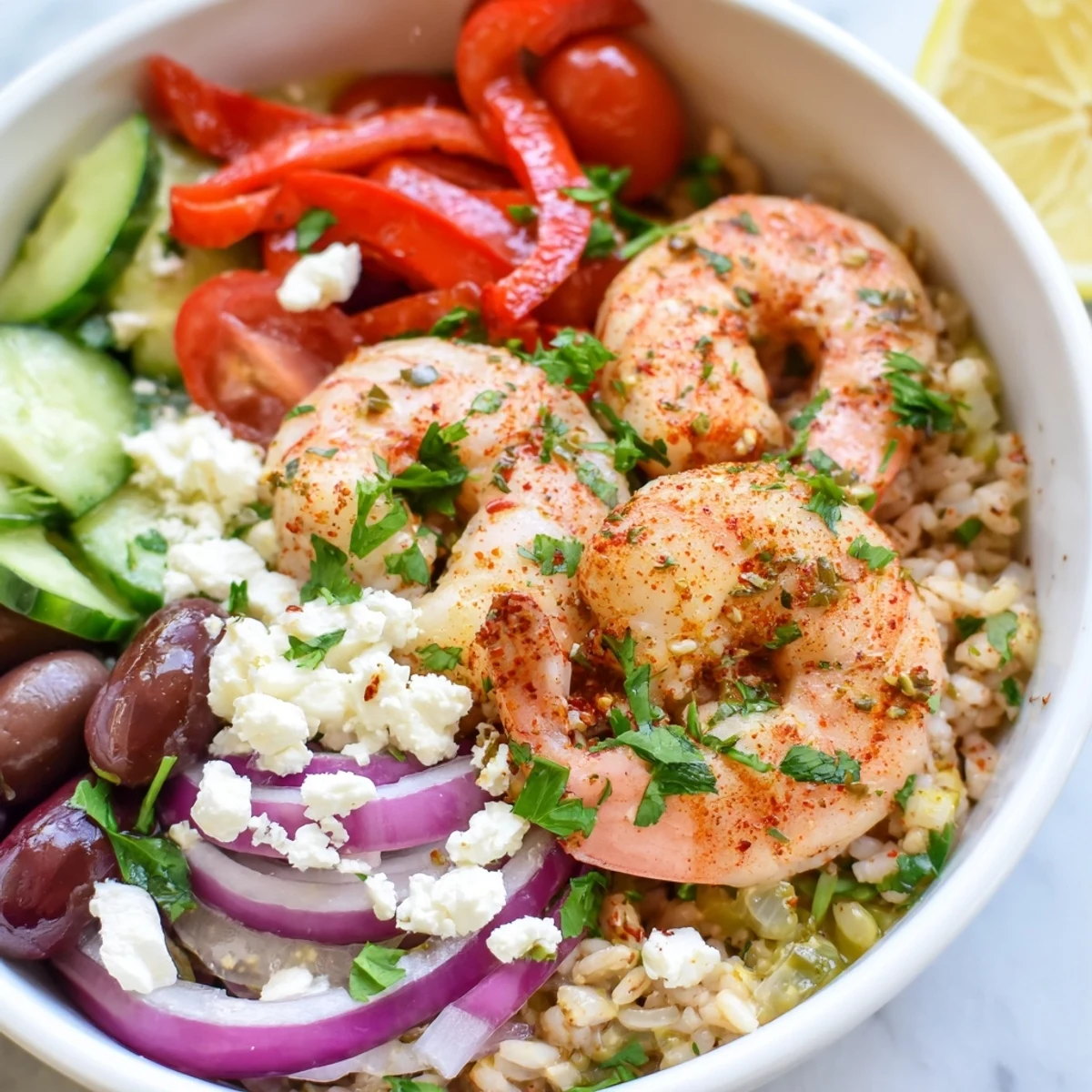 Golden Greek Shrimp Mediterranean Bowl with juicy shrimp, fresh veggies, and crumbled feta cheese