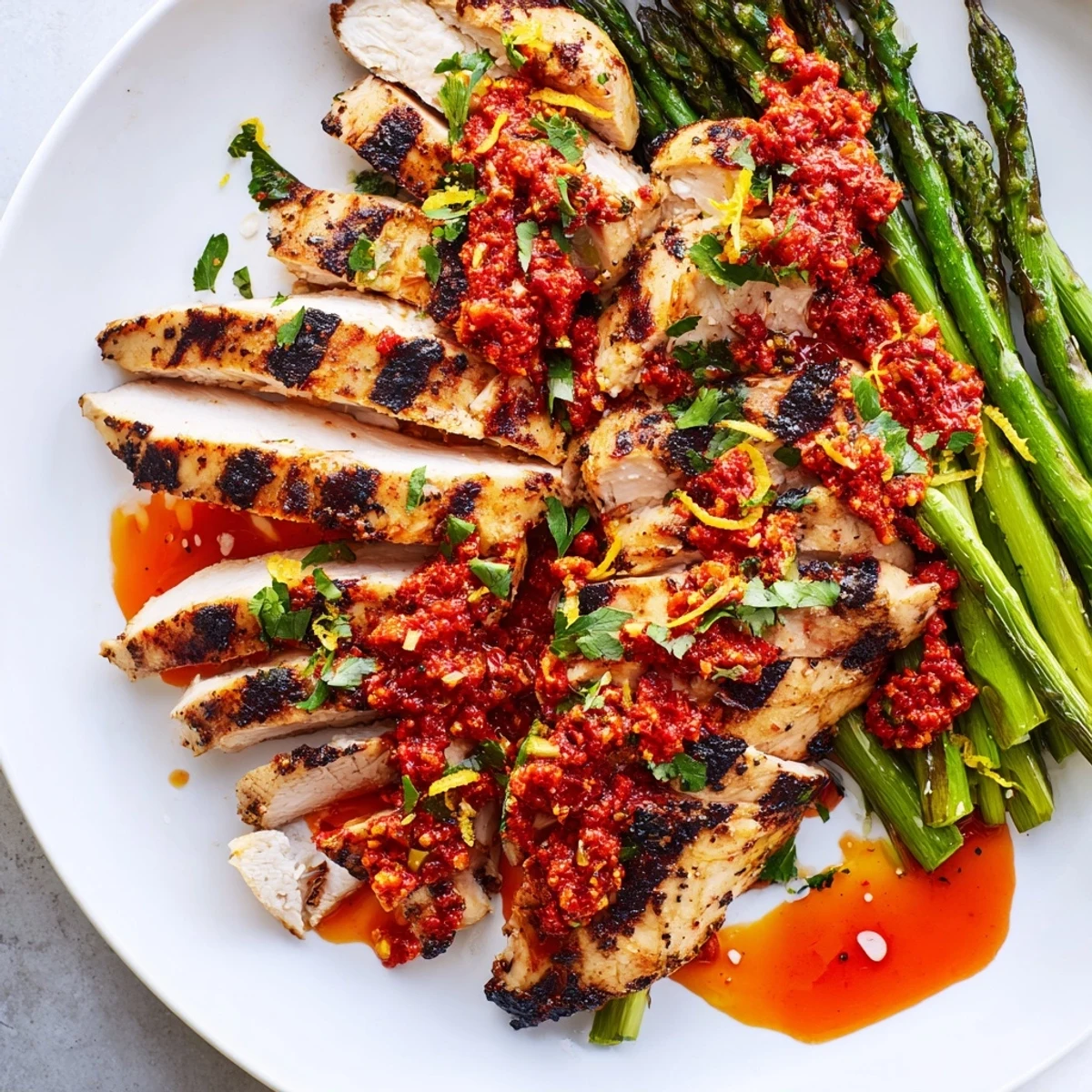 Juicy grilled asparagus chicken drizzled with vibrant Calabrian chili sauce on a rustic plate