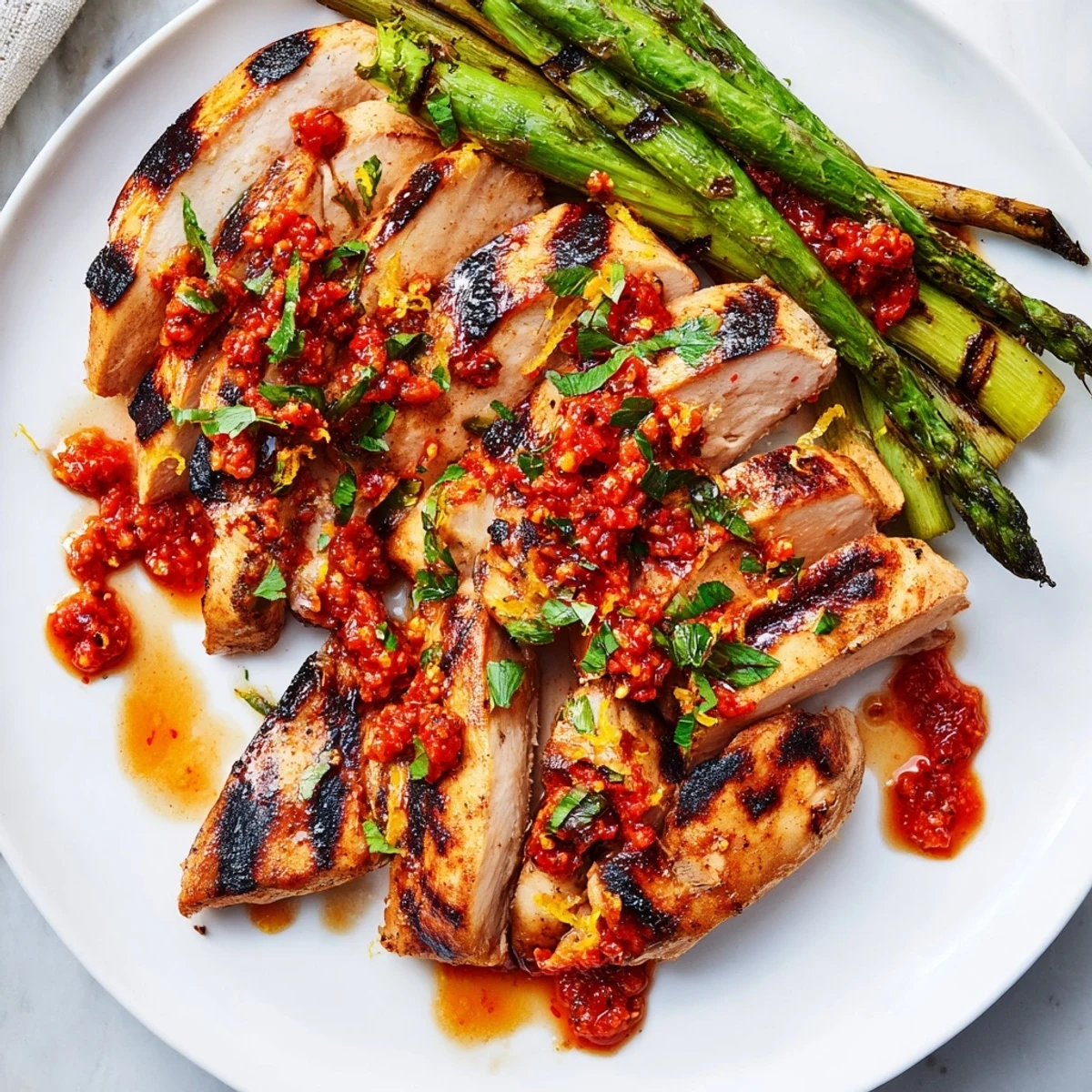Smoky grilled chicken breasts served alongside crisp asparagus with glossy Calabrian chili sauce