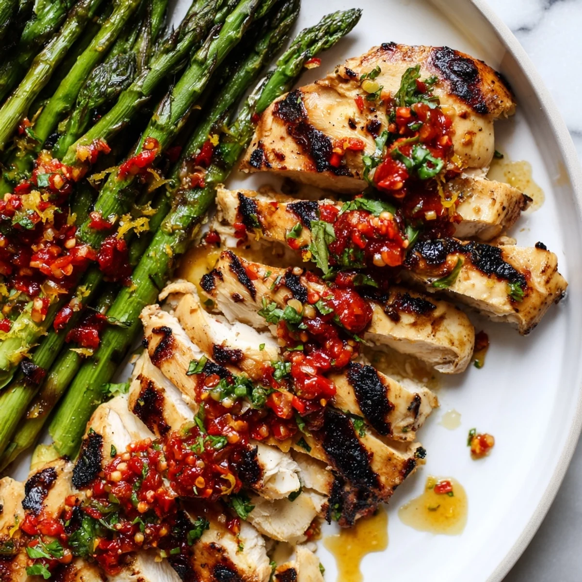 Tender charred asparagus and grilled chicken topped with spicy red Calabrian chili sauce