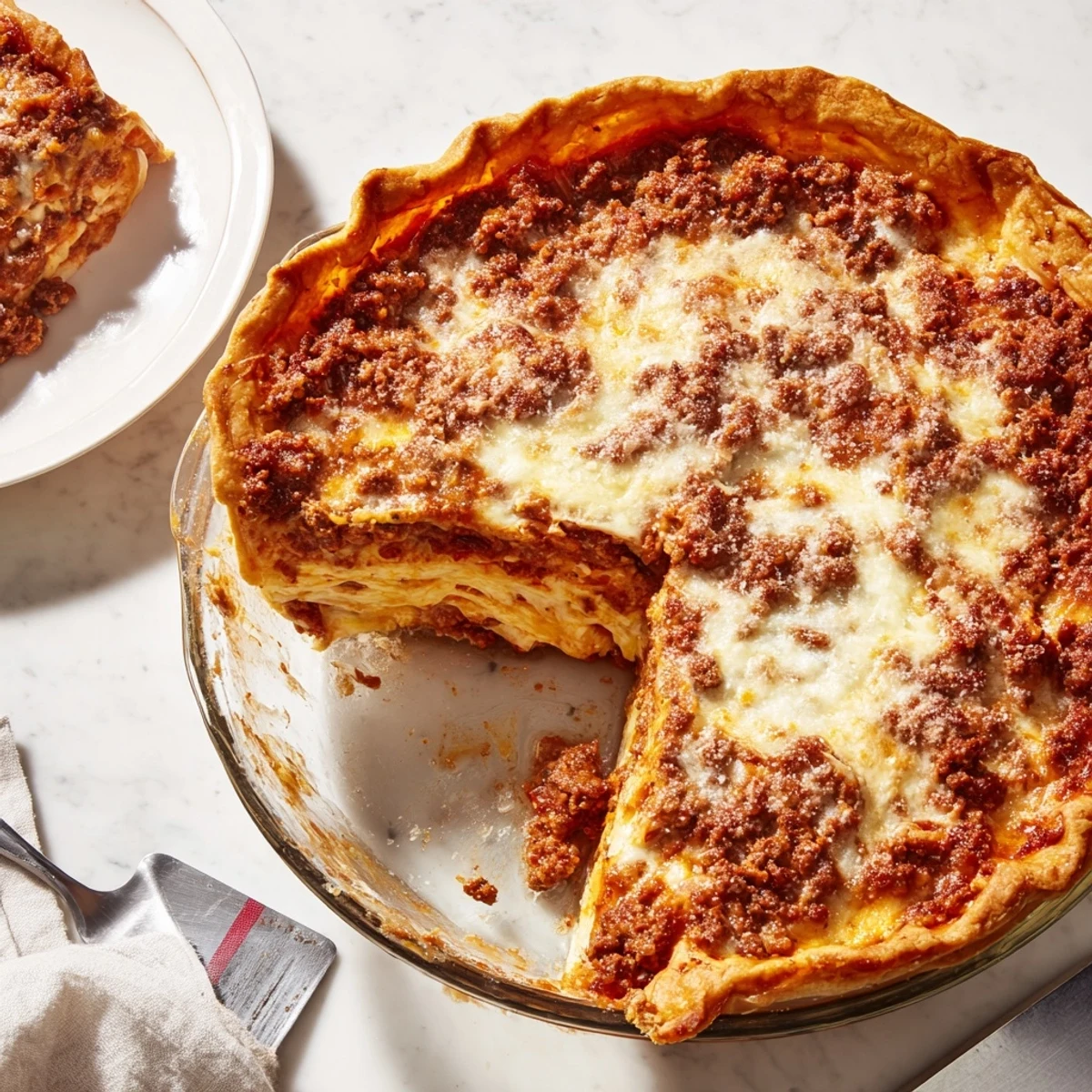 Cheesy lasagna pie with gooey layers sliced in a golden pie crust