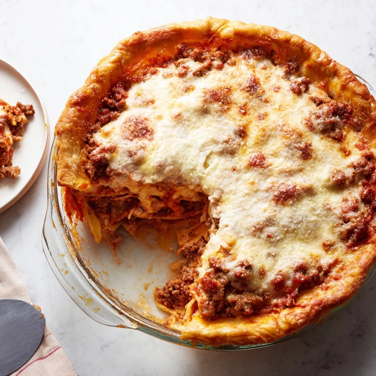 Golden baked cheesy lasagna pie bubbling with melted mozzarella and rich meat sauce