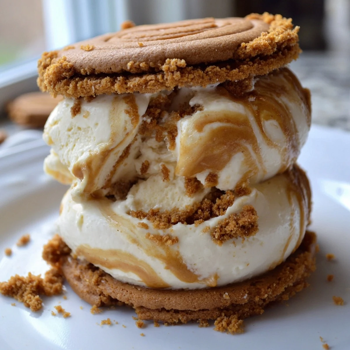 Golden Biscoff Ice Cream Sandwiches oozing caramel filling on a chilled dessert plate