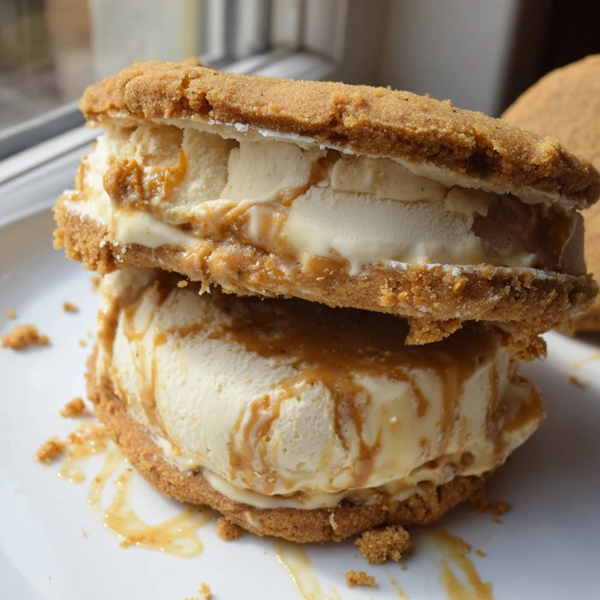 Creamy Biscoff Ice Cream Sandwiches with spiced cookie edges on a rustic board