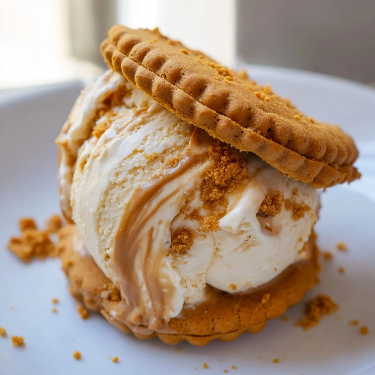 Homemade Biscoff Ice Cream Sandwiches coated in crushed spiced cookies ready to serve