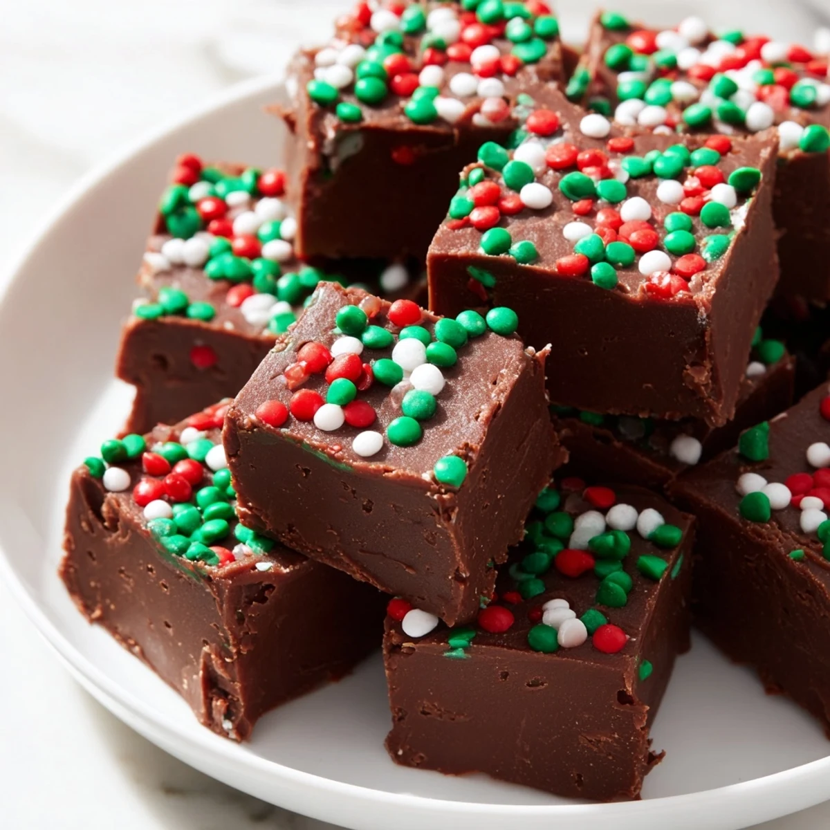 Creamy Christmas fudge with sprinkles cut into neat squares on a parchment-lined plate