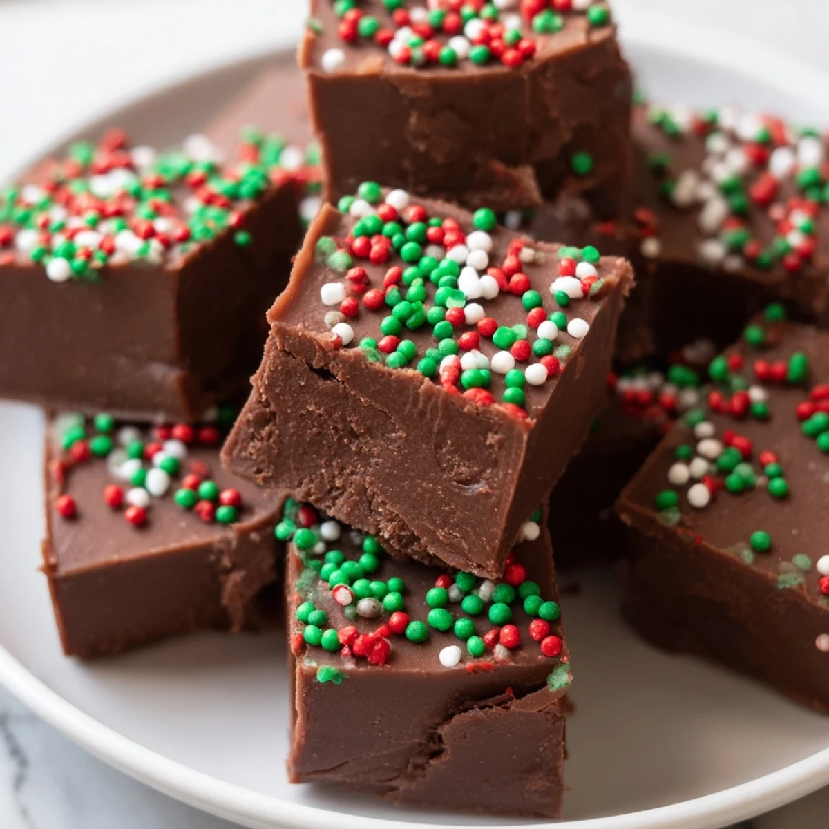Rich chocolate Christmas fudge with sprinkles glistening under soft holiday lights