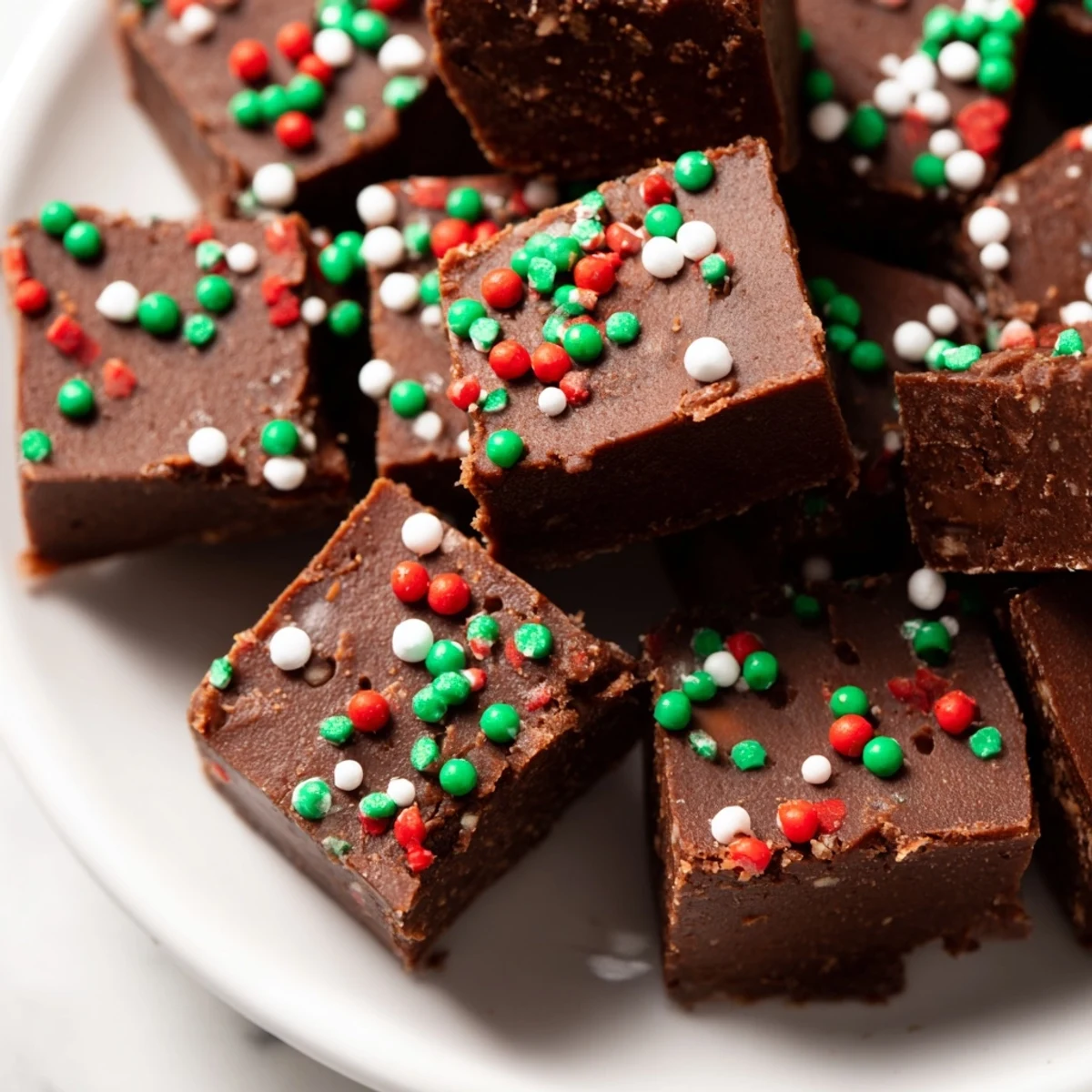 Smooth and velvety Christmas fudge with sprinkles served on a festive dessert tray