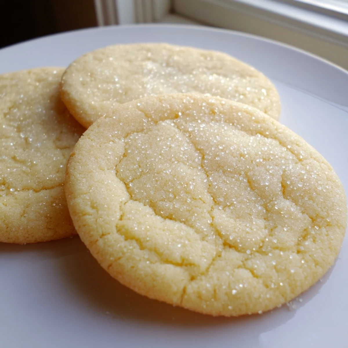 Soft buttery sugar cookies arranged on a rustic white ceramic serving plate