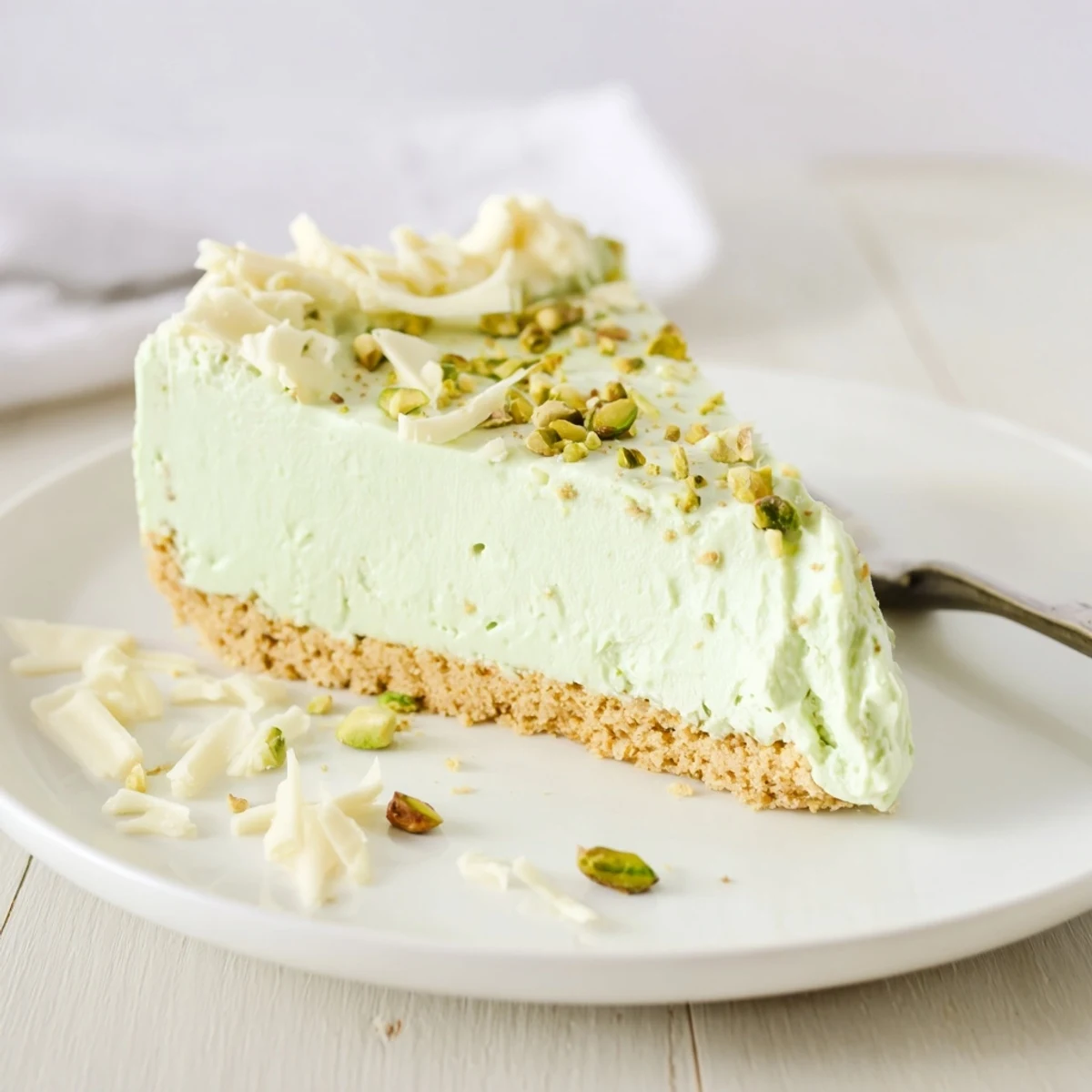Creamy no bake pistachio cheesecake with a golden buttery graham cracker crust