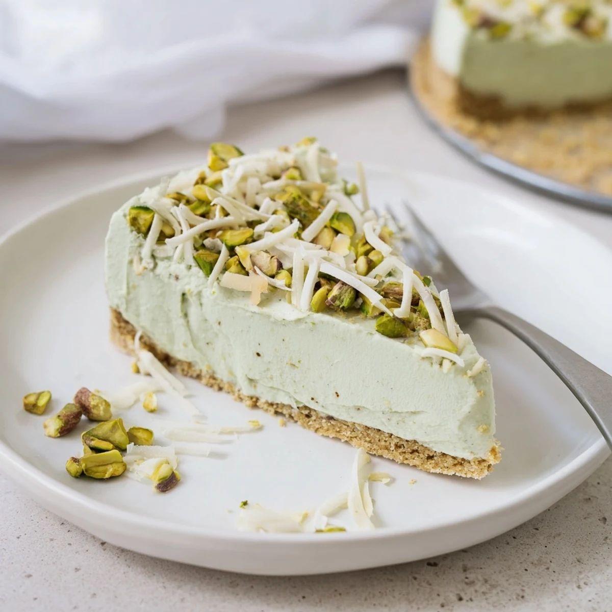 Velvety no bake pistachio cheesecake topped with crushed emerald pistachios on a rustic plate