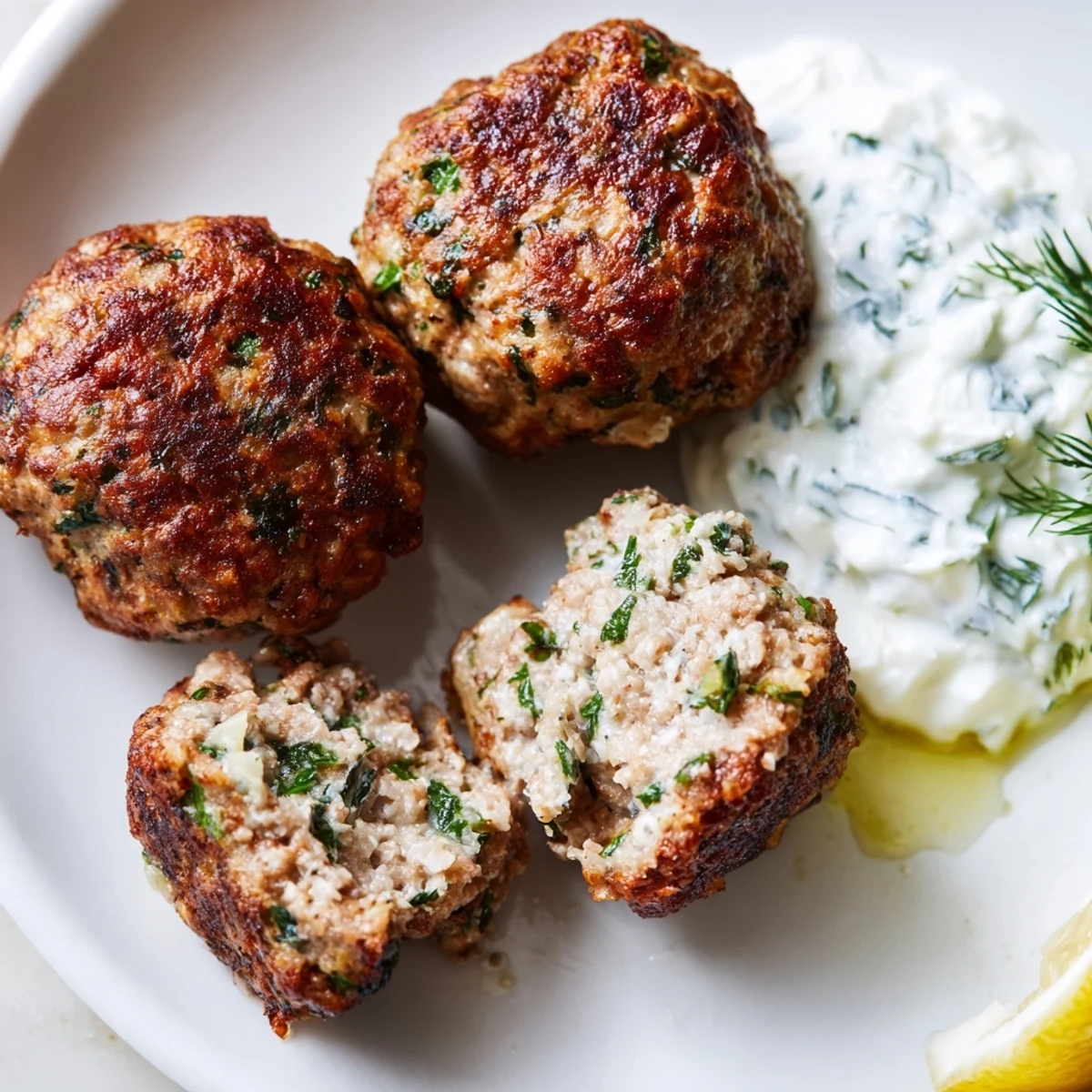Golden Greek turkey meatballs nestled beside a bowl of cool, creamy tzatziki sauce