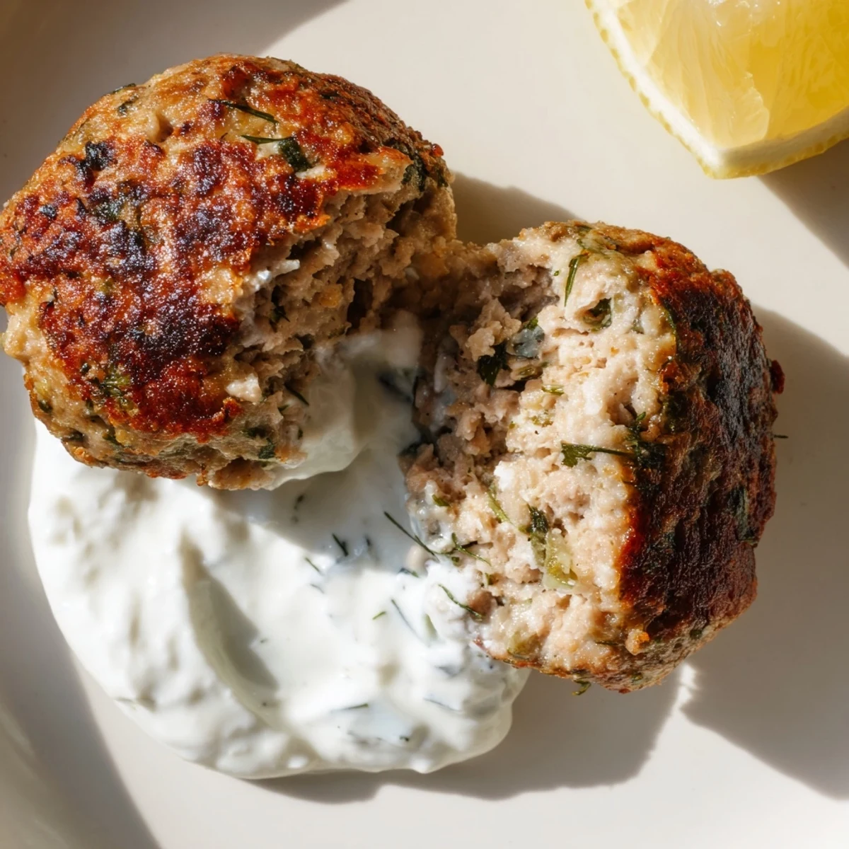 Juicy herb-flecked Greek turkey meatballs drizzled with tzatziki on a rustic white plate