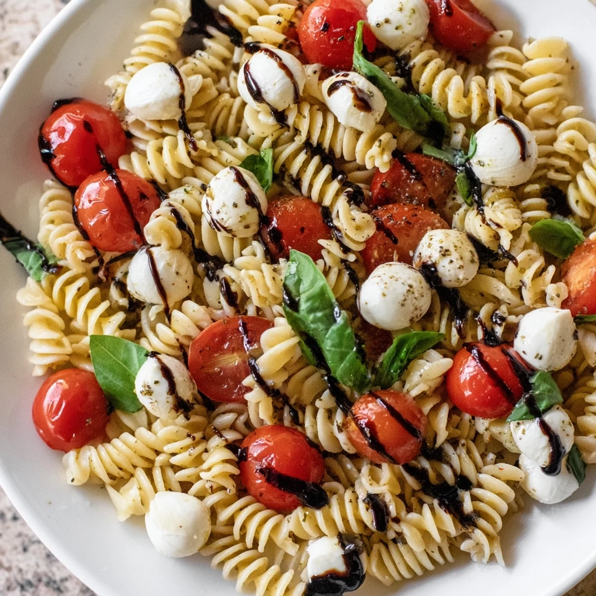 Colorful Caprese Pasta Salad with ripe cherry tomatoes, fresh mozzarella, and fragrant basil leaves