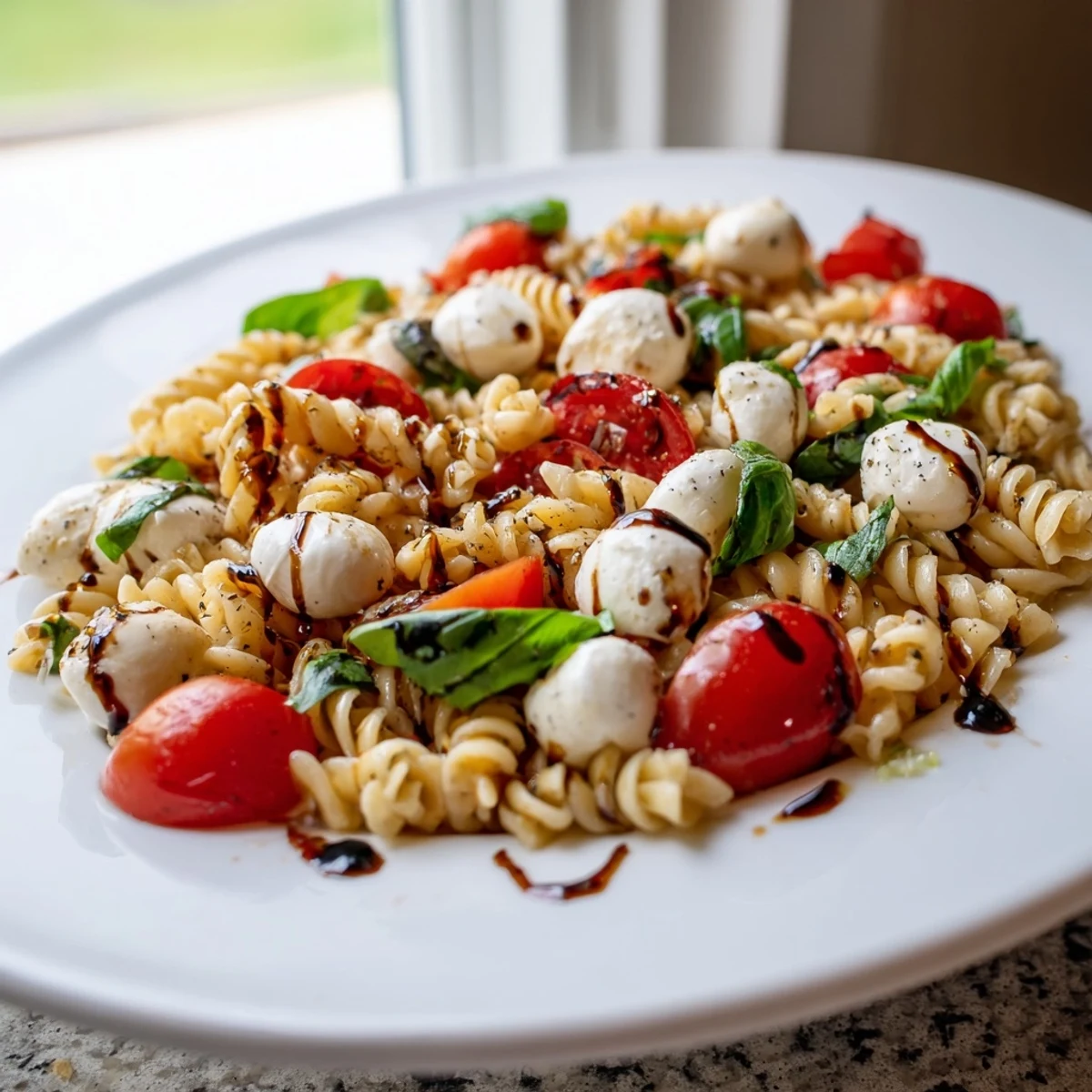 Caprese Pasta Salad drizzled with balsamic glaze served in a rustic white bowl